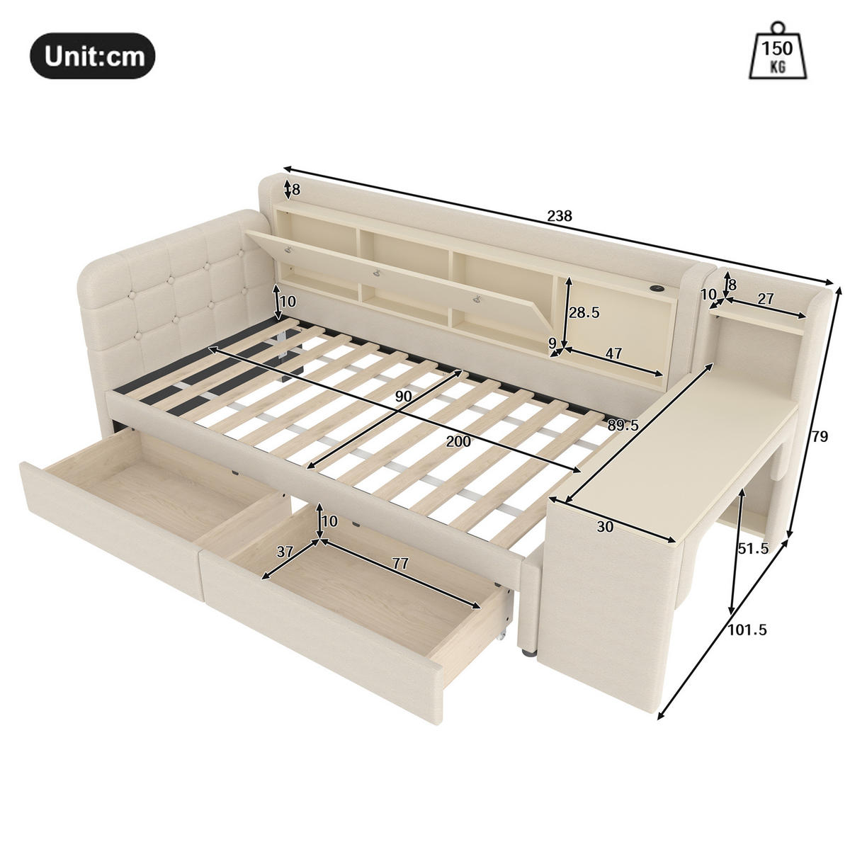 POLSTERBETT 90/200 cm in Beige mit Schreibtisch, 2 Schubladen und USB - Beige, Textil (90/200cm) - Flora Grace