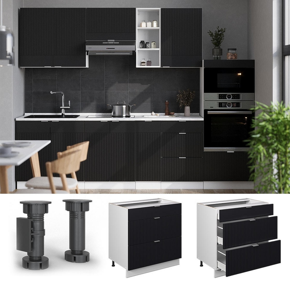 KÜCHENUNTERSCHRANK Fame-Line Schwarz gestreift 80 cm mit 3 Schubladen, ohne Arbeitsplatte - Schwarz/Weiß, Holzwerkstoff (80/82/51.6cm) - Vicco