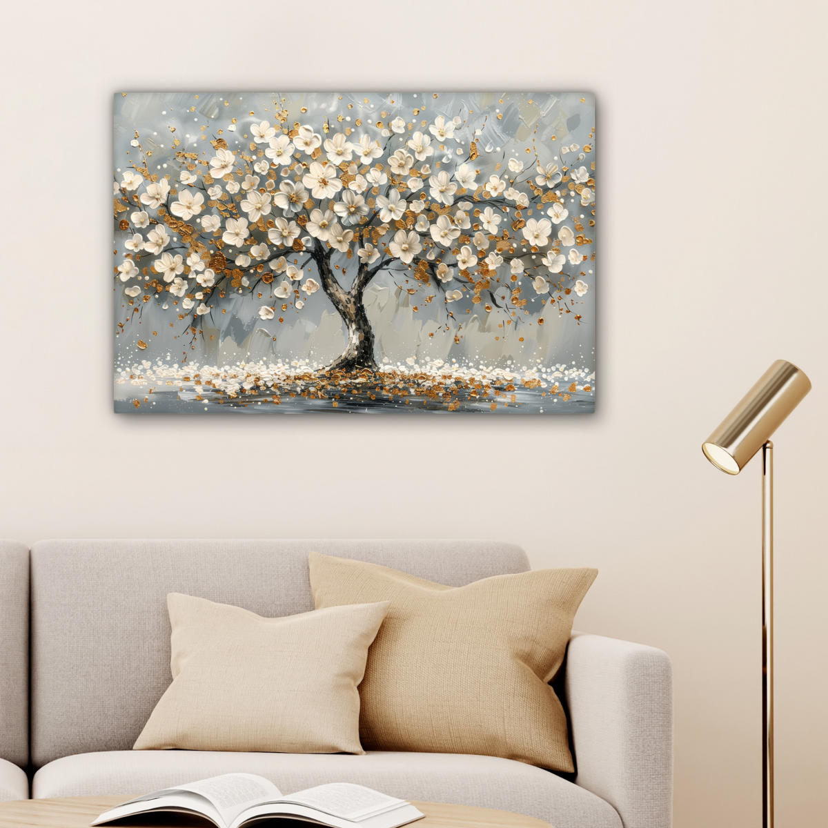 LEINWANDBILD Baum - Blumen - Weiß - Natur - Kunst Wanddeko 90x60 cm - Weiß, Textil (90/60cm) - MuchoWow