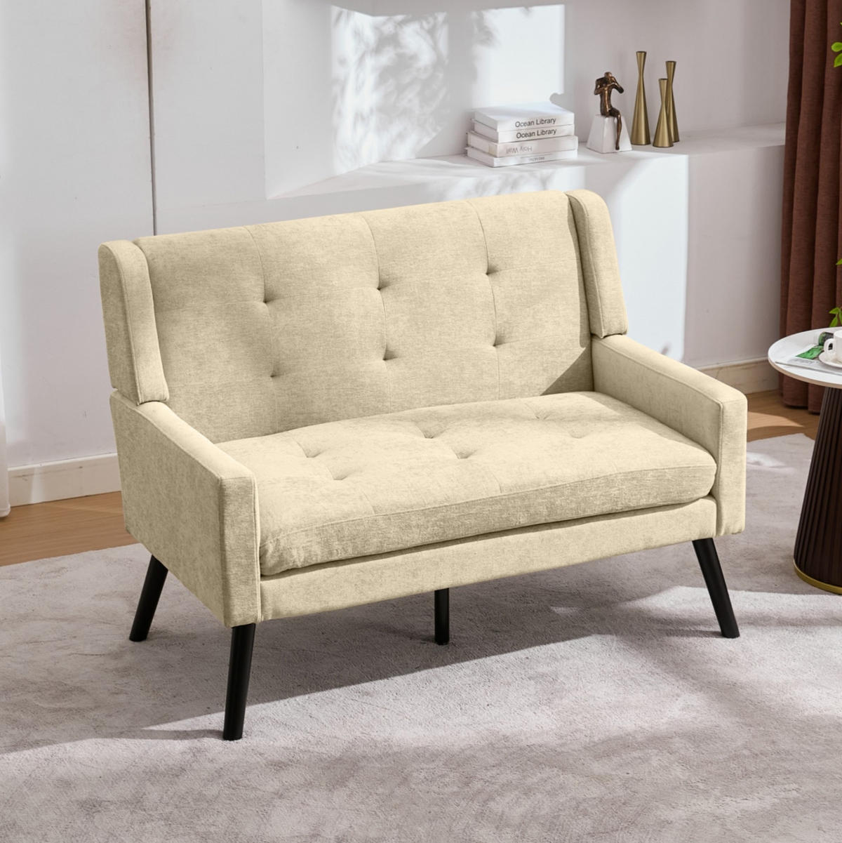 2-SITZER 119/75/88 cm Leinenbezug mit Knopfheftung, Massivholzbeinen Beige - Beige, Textil (75/88/120cm) - OKMYHOME