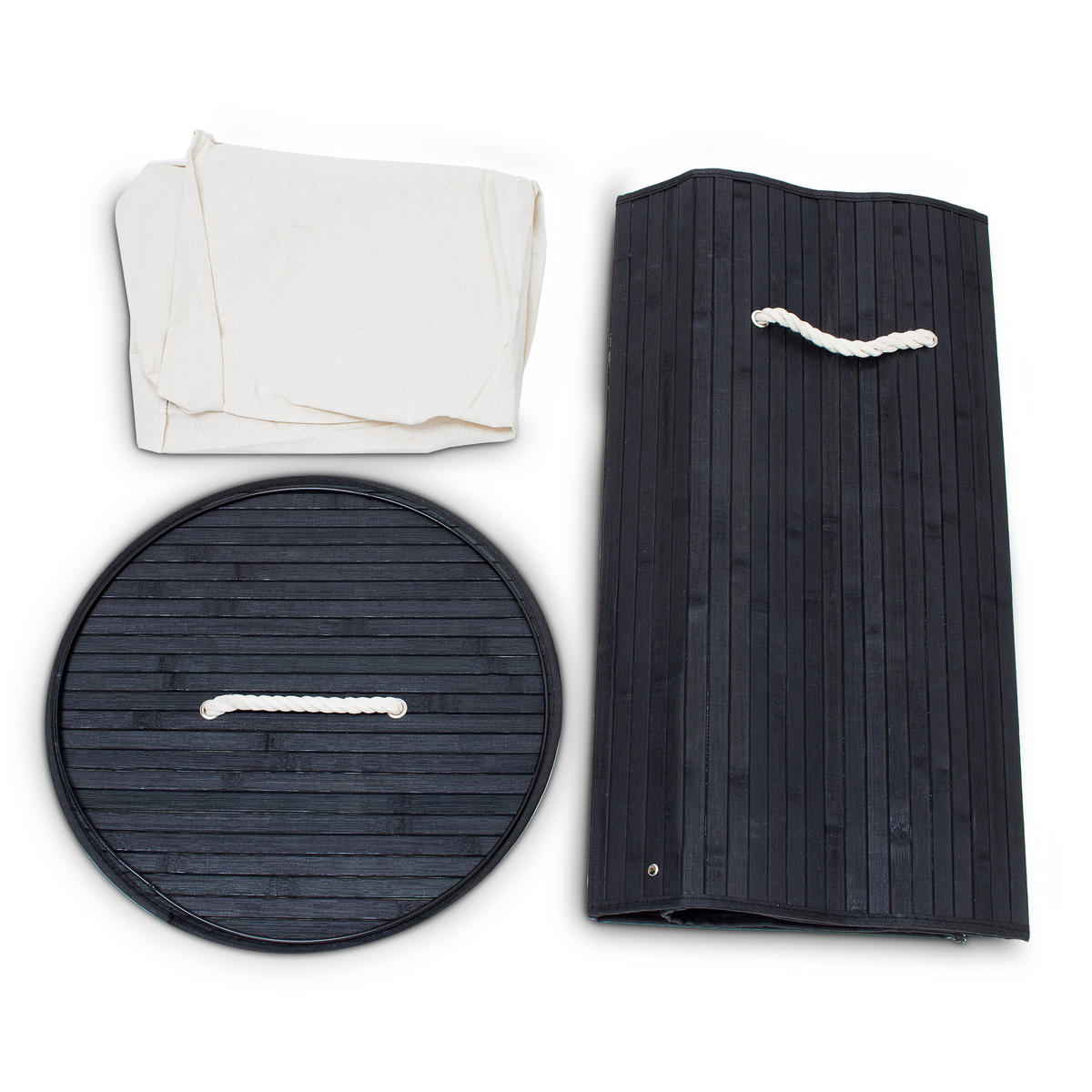 KOŠ ZA PERILO črna bambus okrogel s pokrovom zložljiv 70 l - črna, tekstil/les (41/65/41cm) - Relaxdays