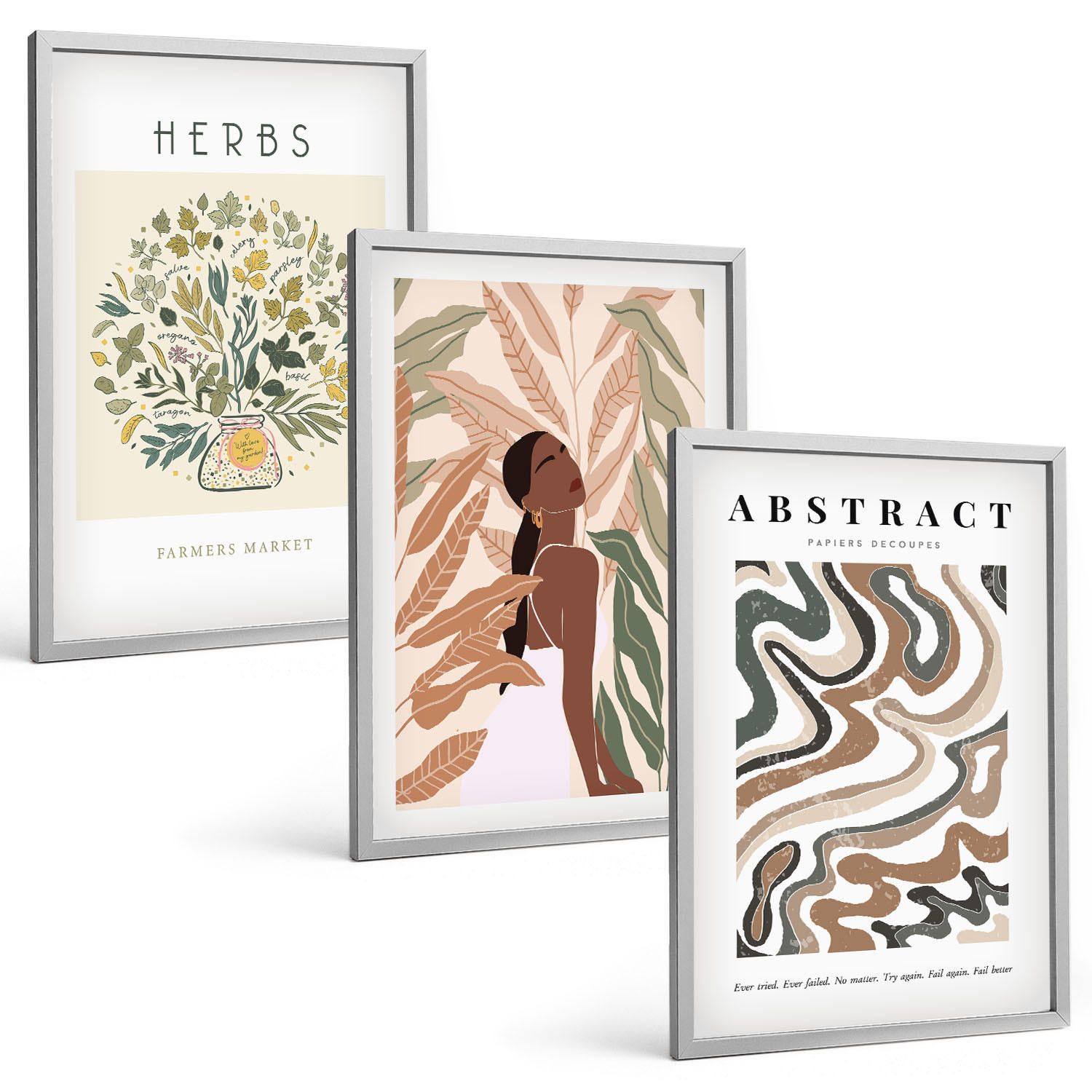 BILDER SET 3er Set - 40x60 cm Silberner Rahmen - Boho-Pastell-Minimalisten-Poster - Silberfarben, Kunststoff (40/60cm) - TULUP