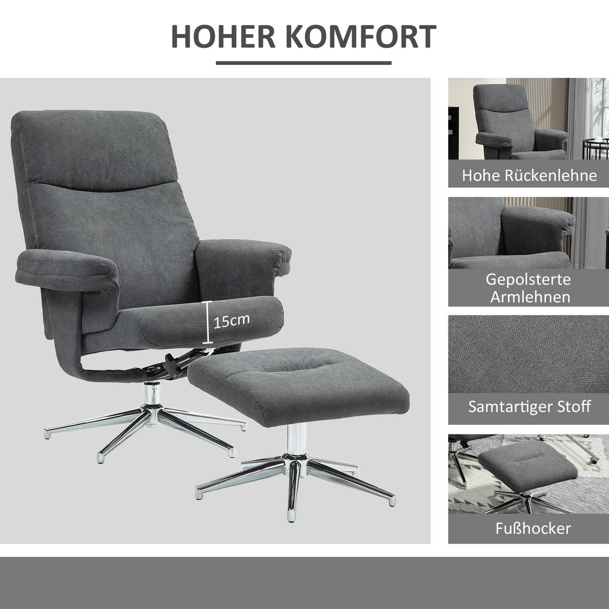RELAXSESSEL mit Hocker, Gepolstert Fernsehsessel mit Liegefunktion, Liegesessel - Dunkelgrau, Kunststoff (78/106/85cm) - HOMCOM