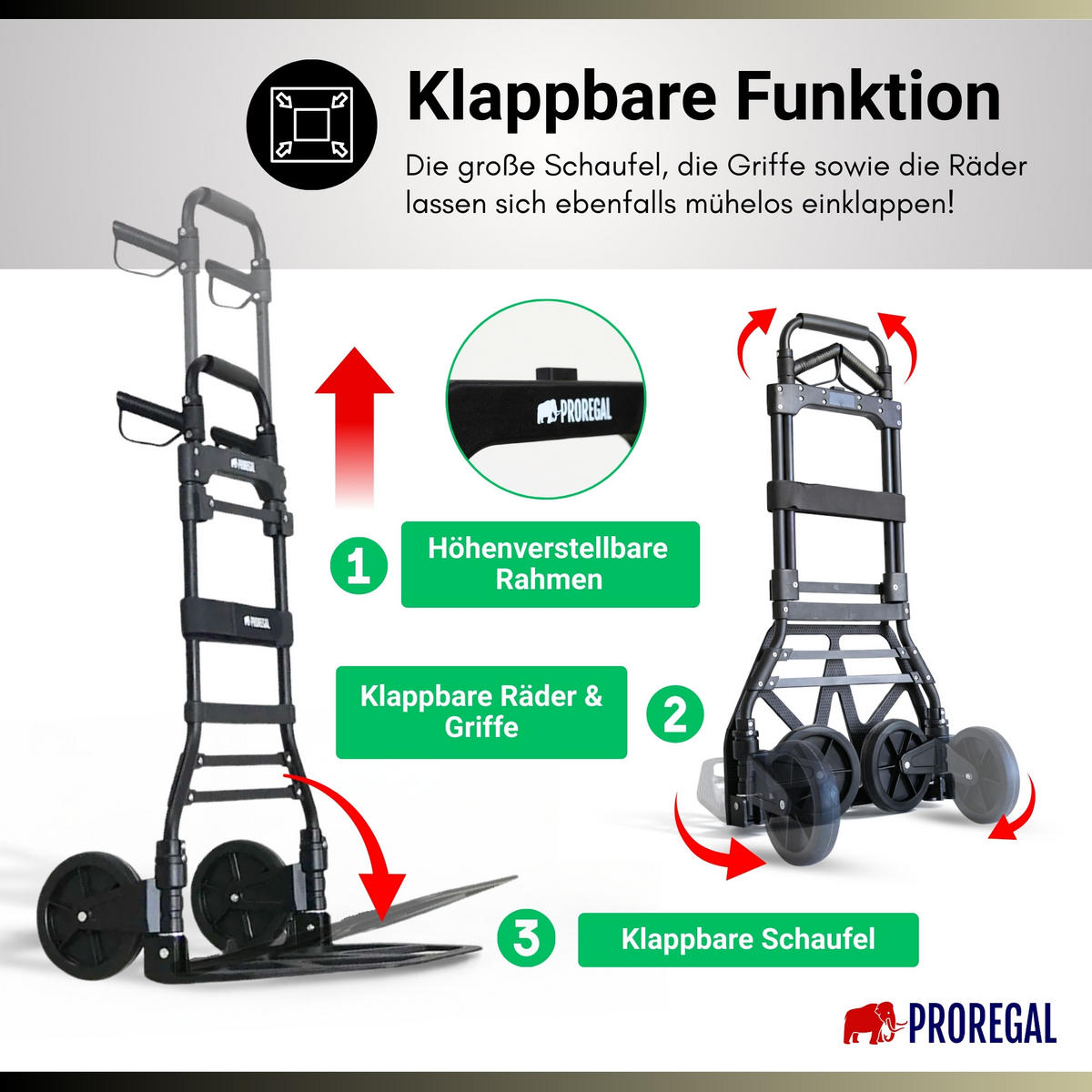 SACKKARRE Elephant klappbar 115x50x53cm Traglast 150kg AluminiumrahmenTRR Fachgummiräder Schwarz - Schwarz, Metall (53/50/115cm) - PROREGAL