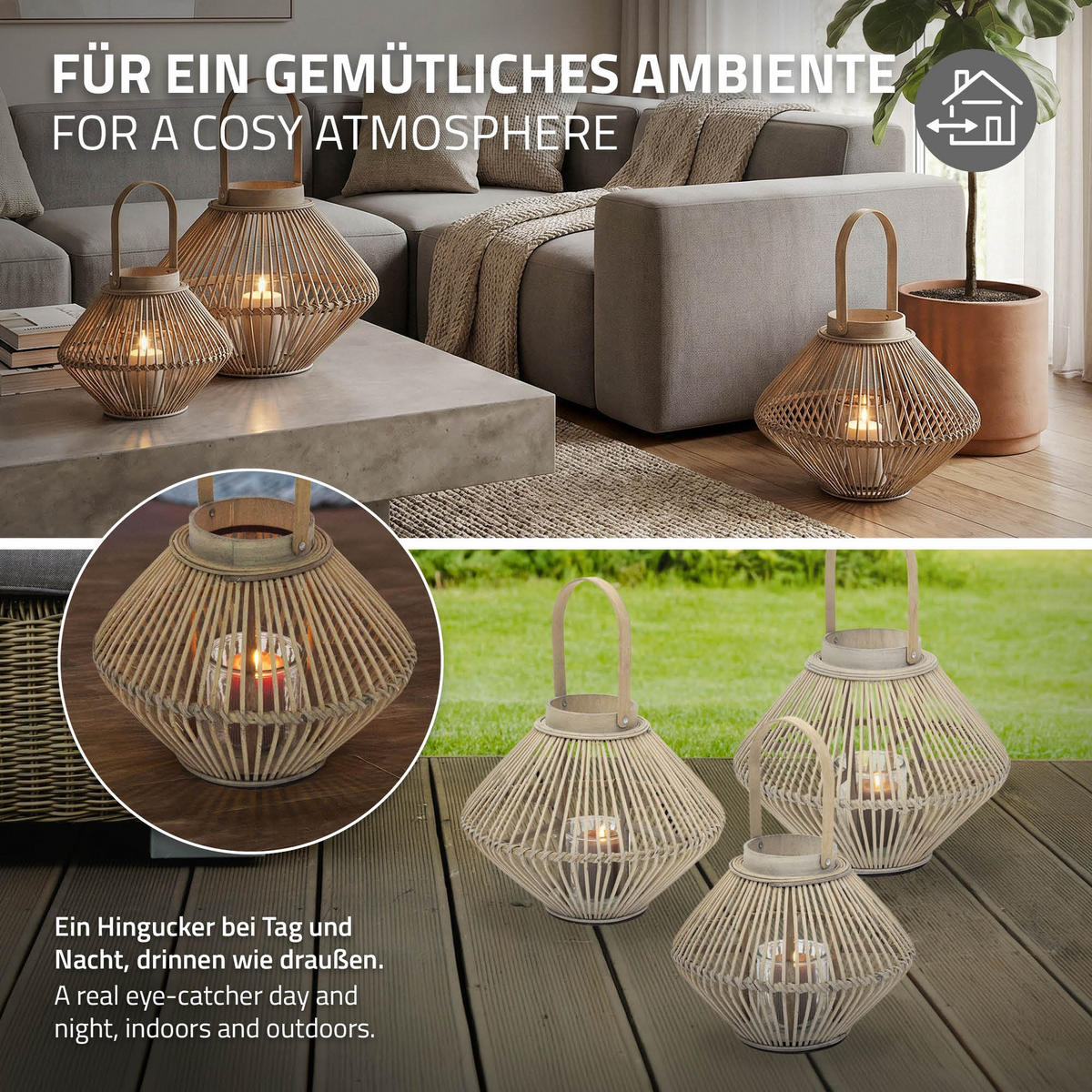 BAMBUSOVÁ LUCERNA V: 42 cm, barva dřeva, styl boho - přírodní, dřevo (31/42/31cm) - ECD-Germany
