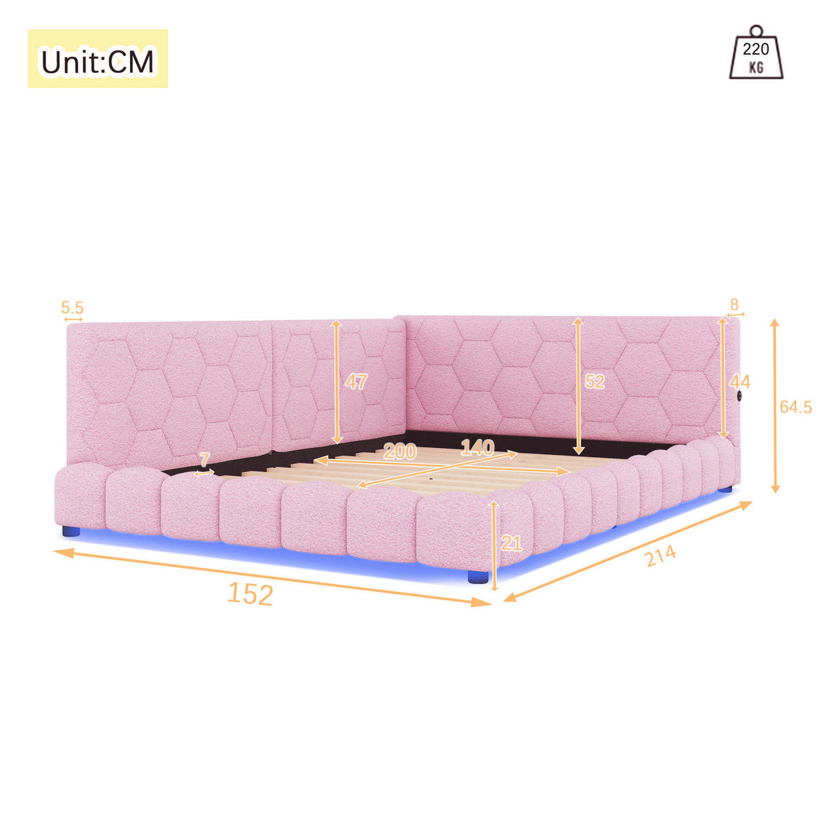 TAGEBETT 140x200cm Rosa Vliesimitat 16 Farben Umgebungslicht USB-C - Pink, Holz (140/200cm) - FLIEKS