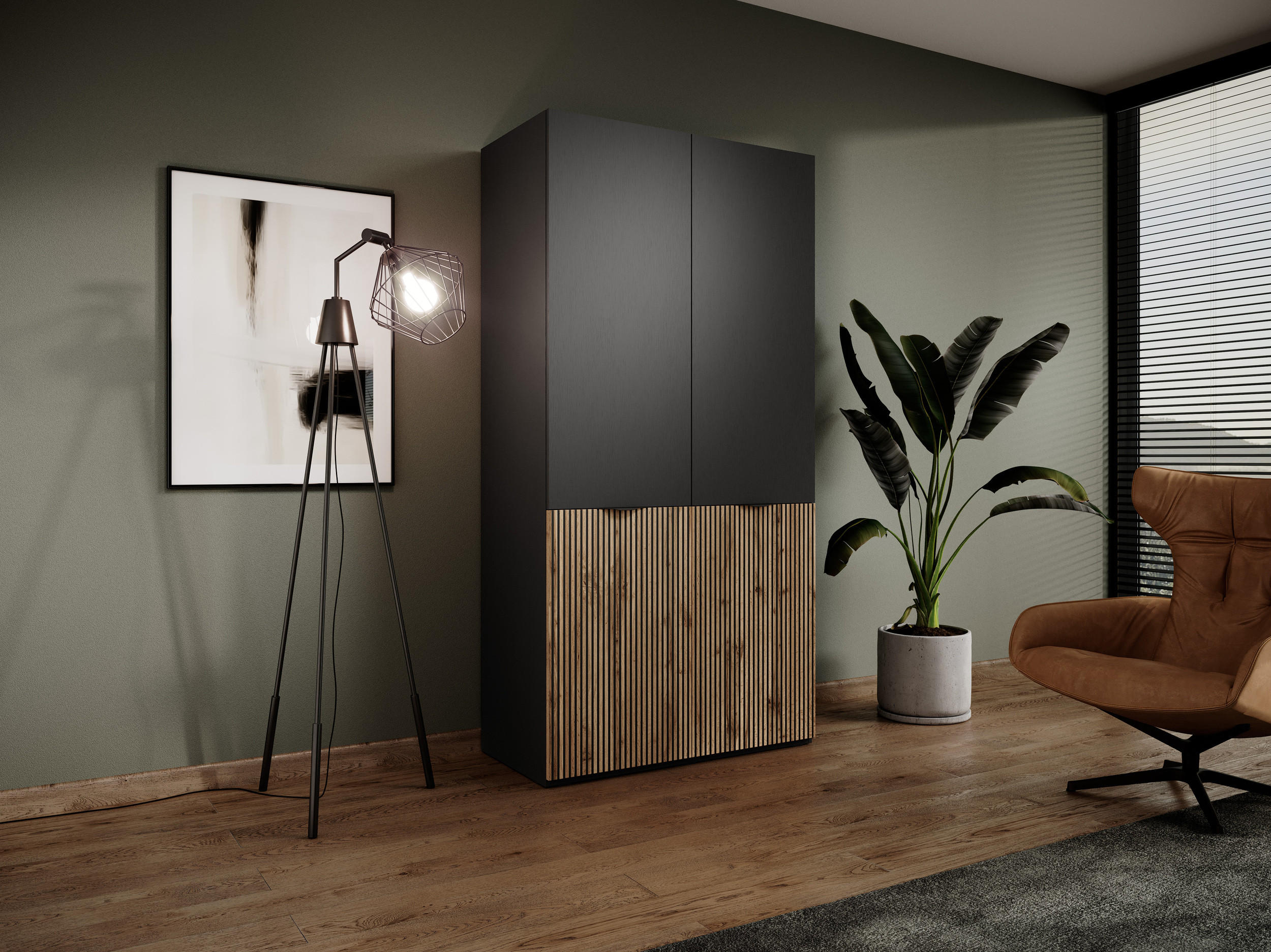 DREHTÜRENSCHRANK - Schrank Minewra 100 - Schwarz + Sento - Eiche Wotan/Schwarz, Holzwerkstoff (101/200/51cm) - Möblo