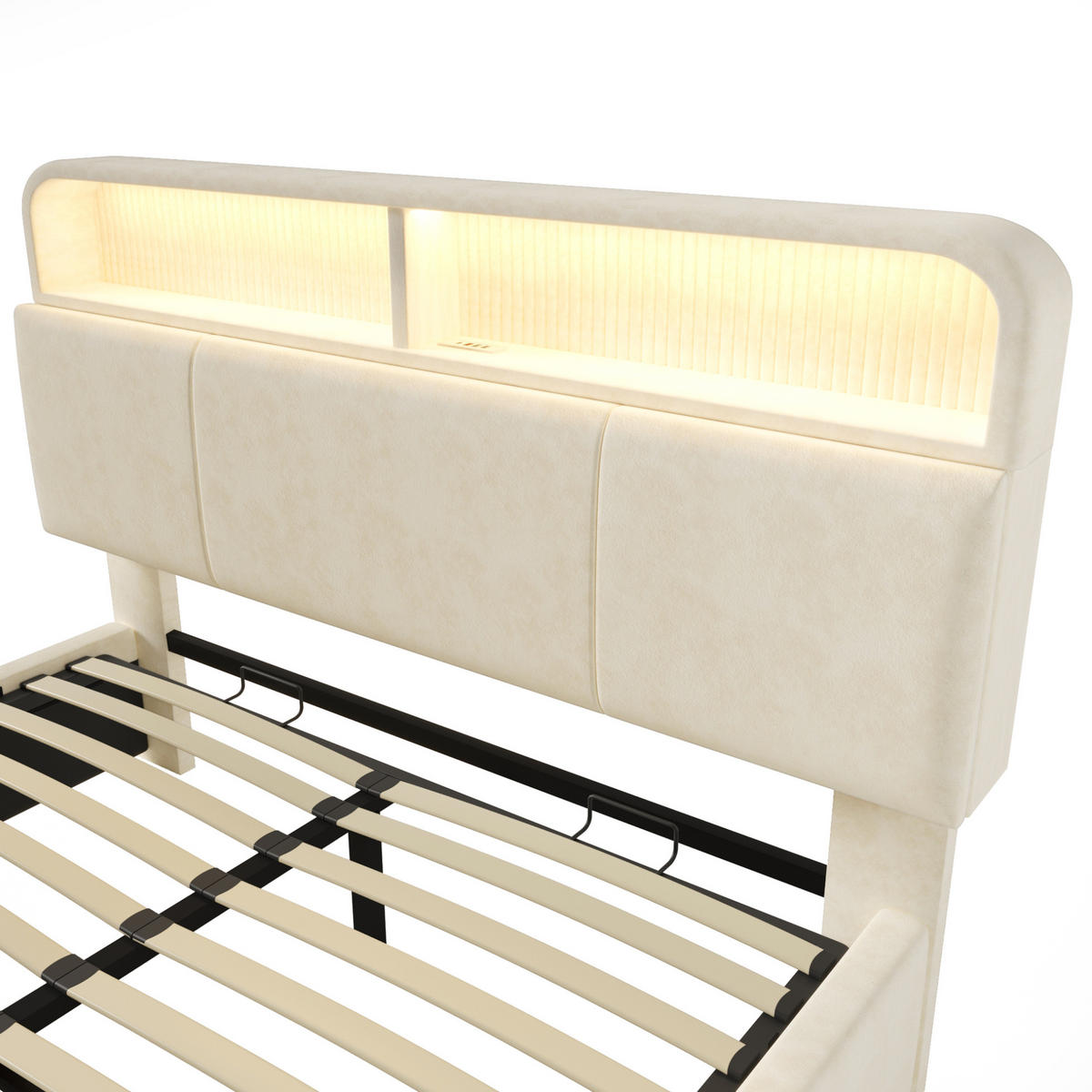 POLSTERBETT 180/200 cm Beige aus Samt mit LED und Stauraum-Kopfteil - Beige, Textil (180/200cm) - OKMYHOME
