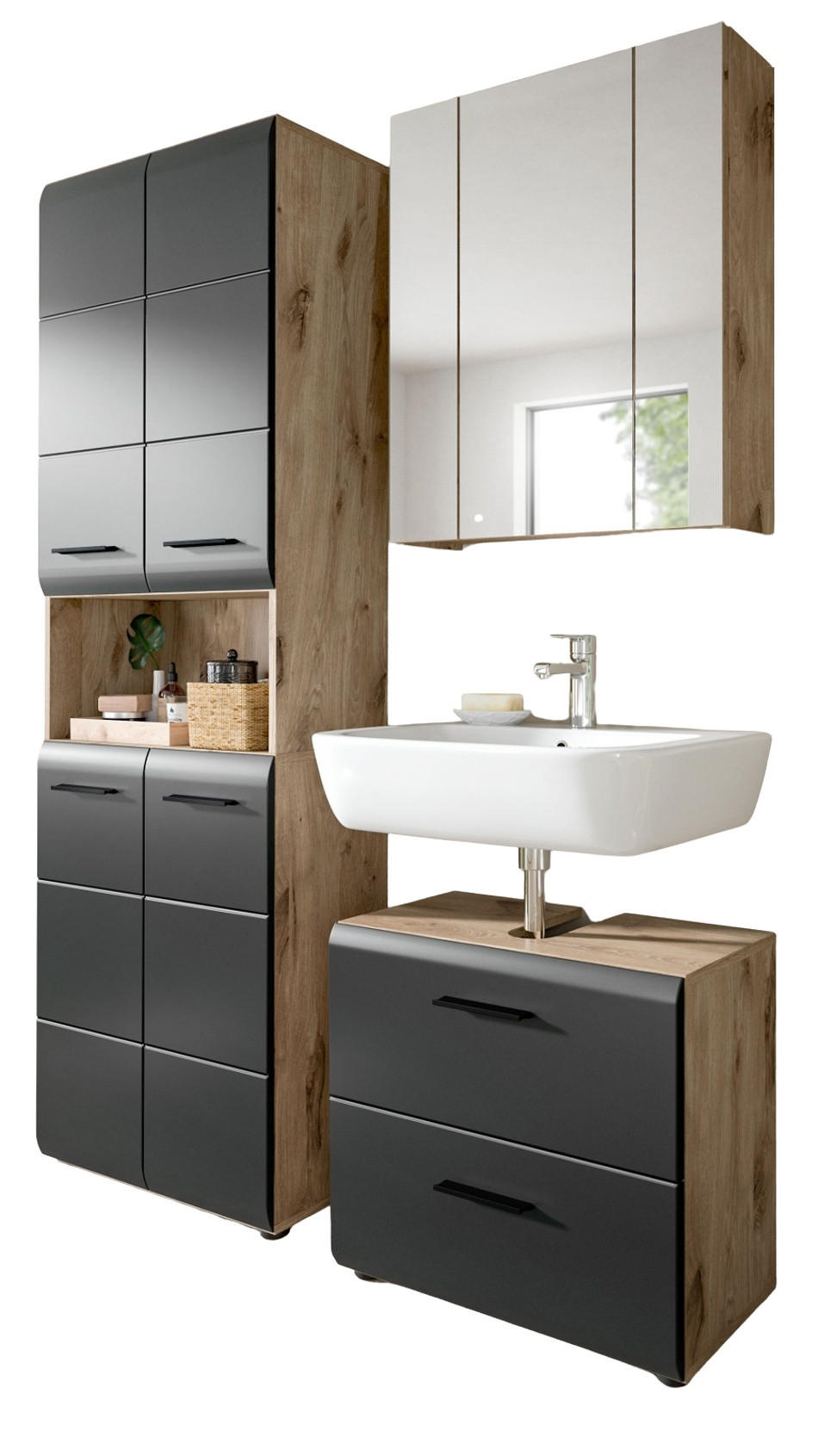 BADMÖBEL-SET 3-teilig schwarz matt, Eiche Nox, Badkombination mit Hochschrank 135 cm - Eichefarben/Schwarz, Glas/Holzwerkstoff (135/185/30cm) - Inn.Furn