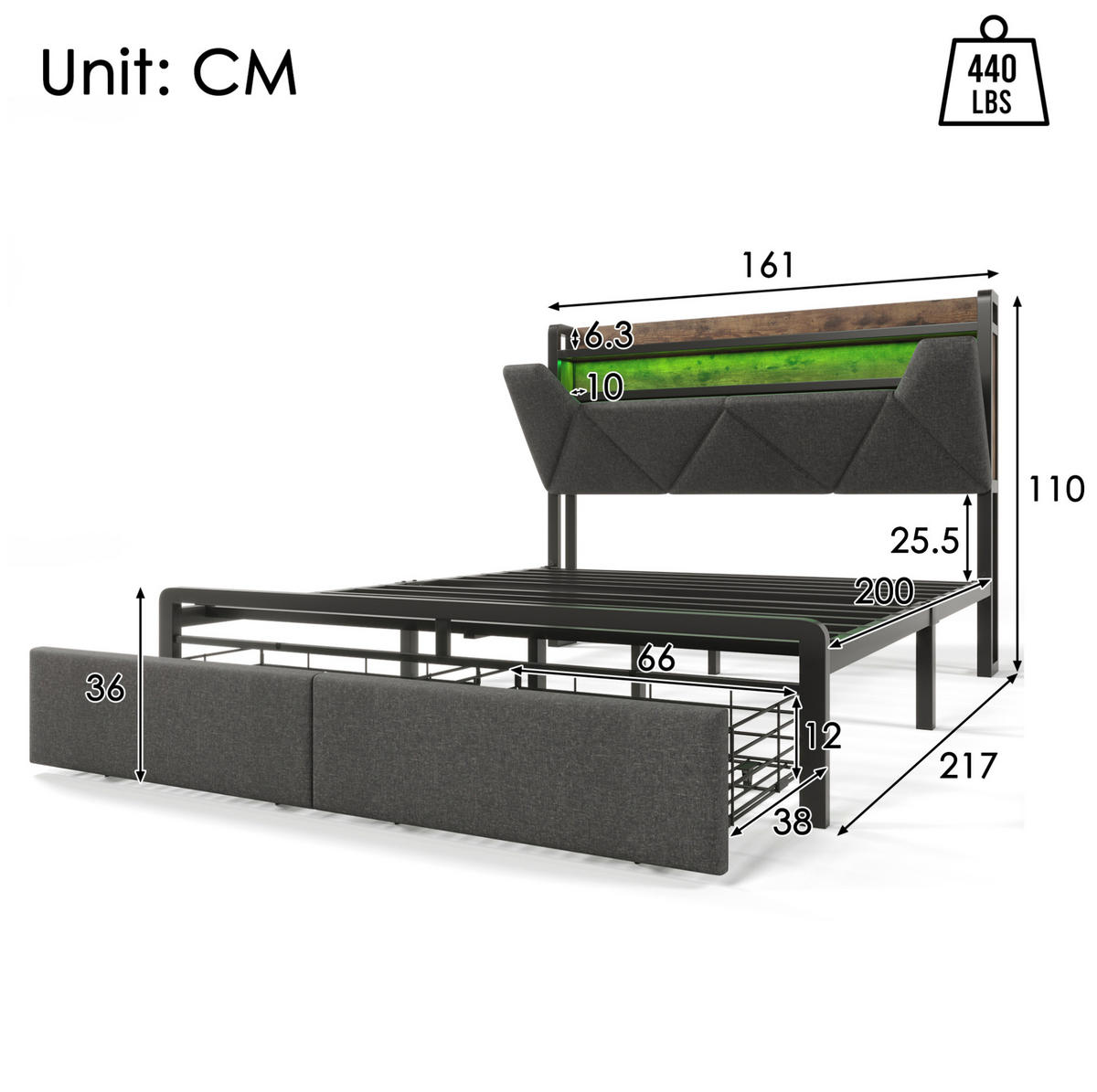 POLSTERBETT 160/200 cm mit LED-Beleuchtung, USB- und Typ-C-Anschluss, Matratze und Stauraum-Kopfteil und 2 Schubladen, Grau - Grau, Textil (160/200cm) - Redom