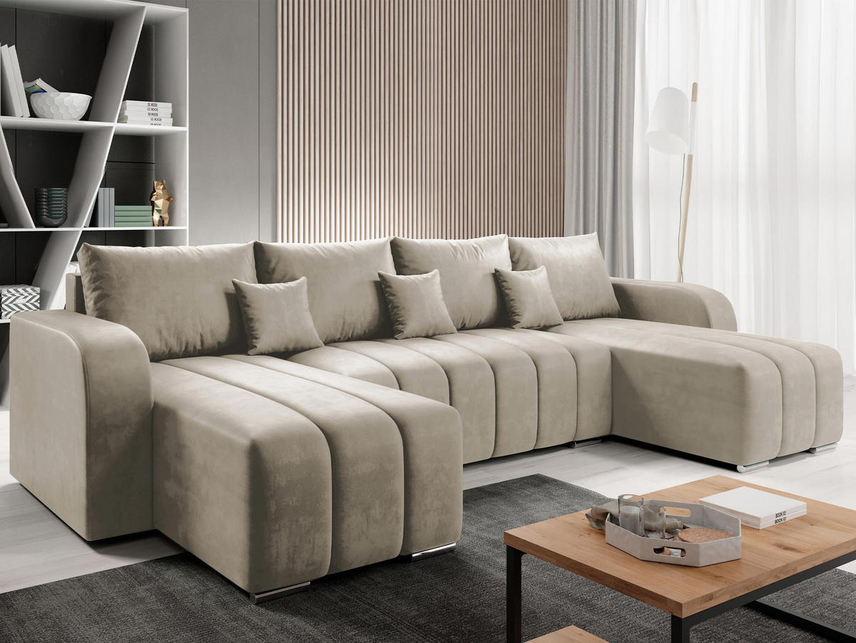 WOHNLANDSCHAFT Pufetto U - Beige/Silberfarben, Holz/Textil (313/86/147cm) - MIRJAN24