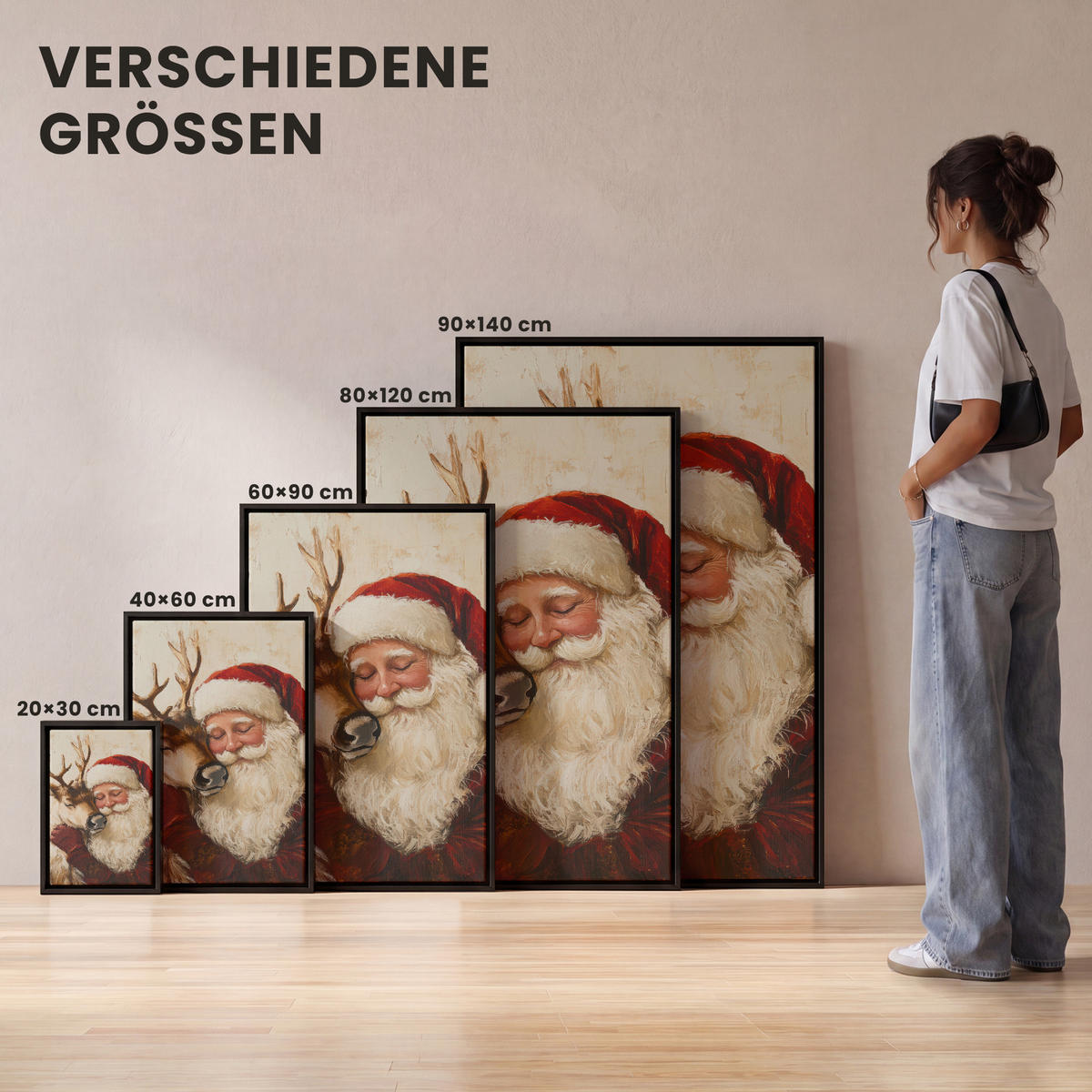 LEINWAND Bilder mit Rahmen - Weihnachtsmann - Rentier - Weihnachten - 20x30 - Rotbraun, Textil (20/30cm) - MuchoWow