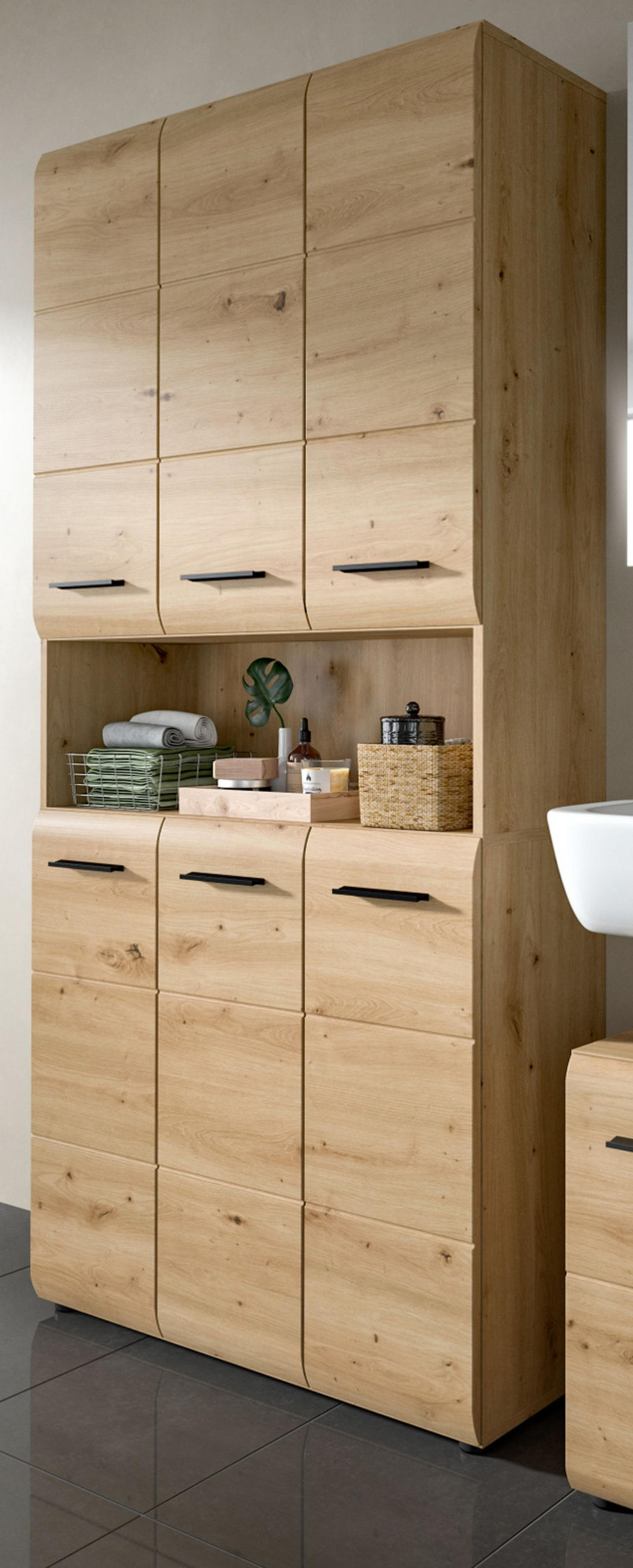 HOCHSCHRANK Artisan Eiche, Badschrank Mehrzweckschrank 90 x 185 cm, Cover - Schwarz/Eiche Artisan, Holzwerkstoff/Kunststoff (90/185/30cm) - Inn.Furn