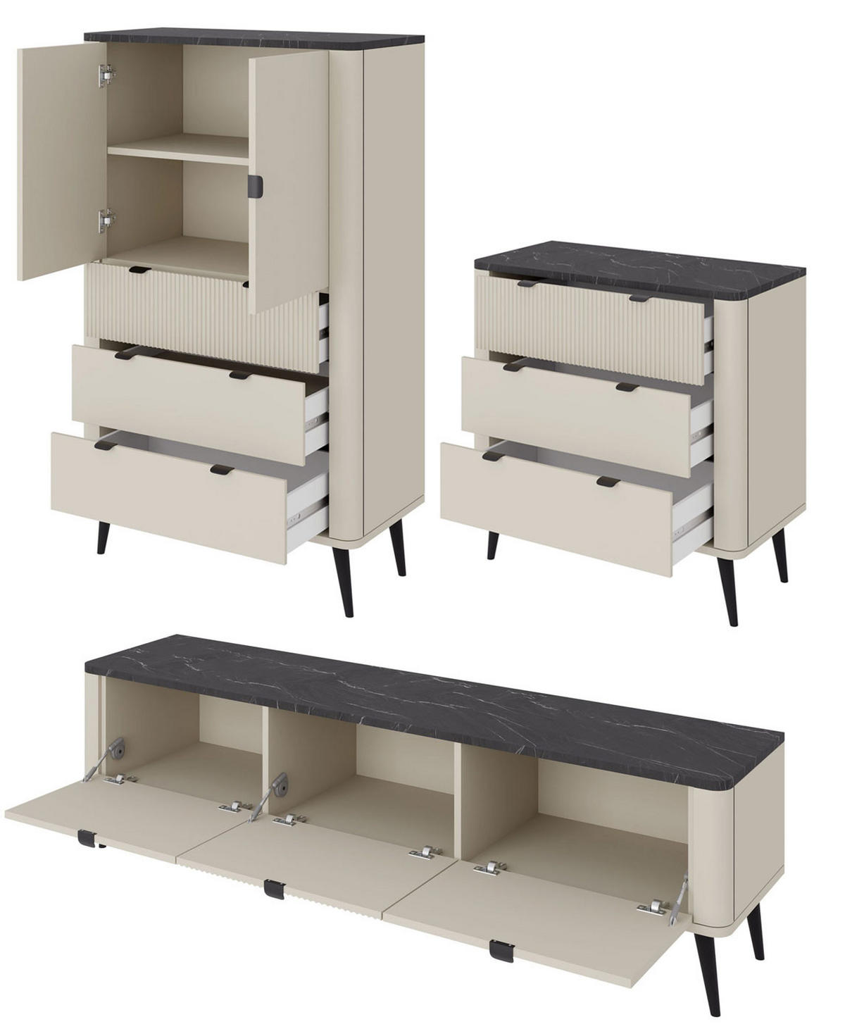 WOHNZIMMER-SET Marly 3-tlg Kaschmir / Walnuss - Kaschmir/Beige, Holz/Holzwerkstoff (340/163/40cm) - Feldmann-Wohnen