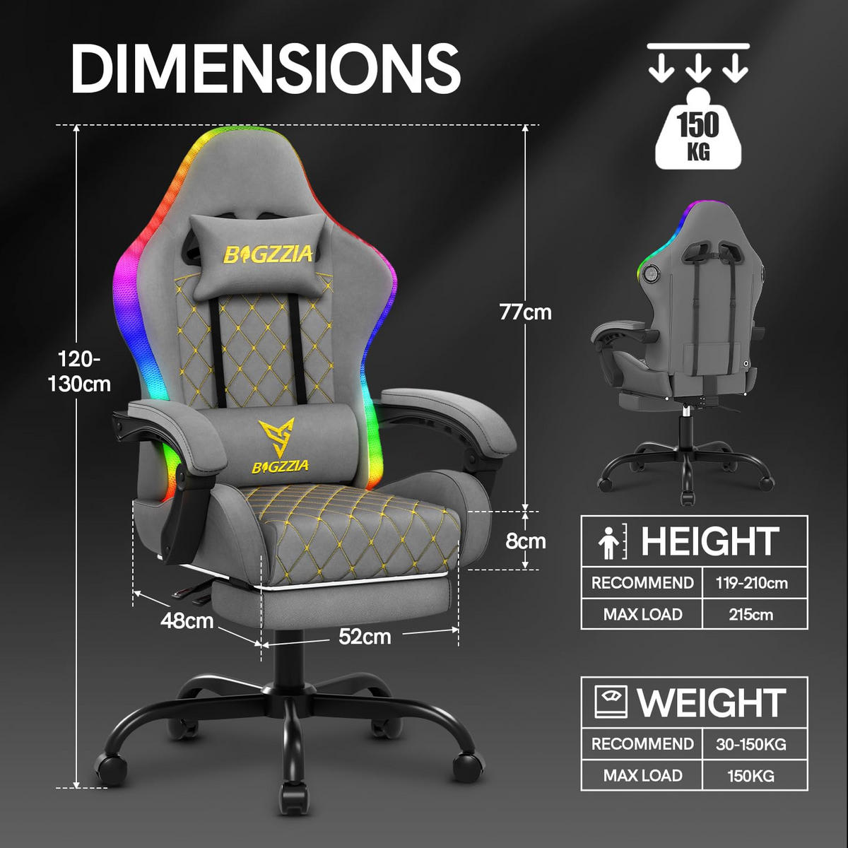 GAMINGSTUHL G01 mit RGB Beleuchtung Bluetooth Lautsprechern Kunstleder Grau - Grau, Metall (62/131/56cm) - Rattantree