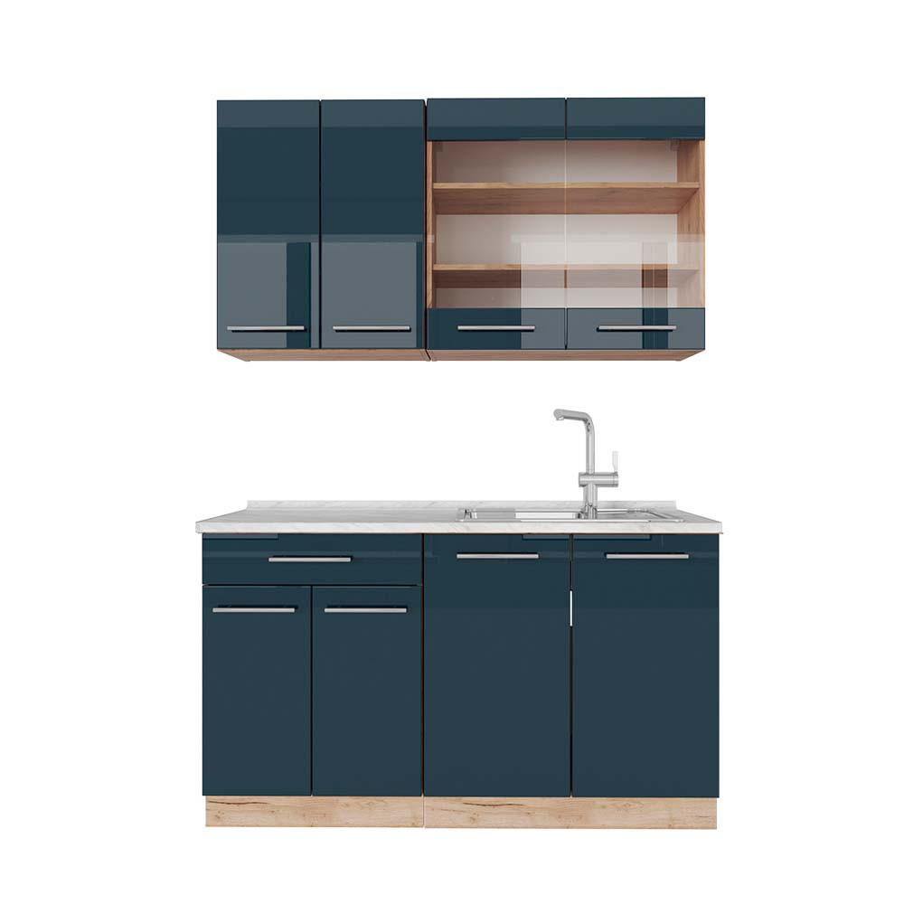 SINGLEKÜCHE Fame-Line Dunkelblau Hochglanz/Goldkraft Eiche 140 cm AP Marmor - Honigeiche/Dunkelblau, Holzwerkstoff (140/81.6/60cm) - Vicco