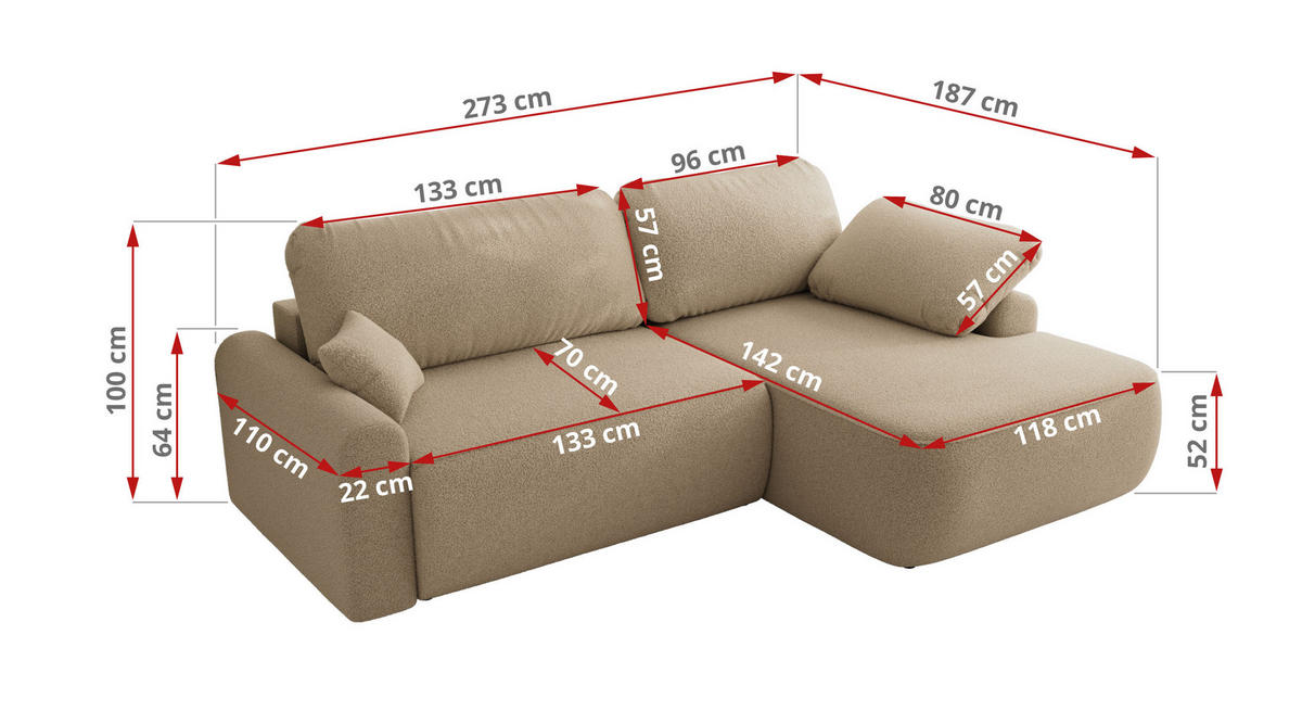 ECKSCHLAFSOFA CUBO L Hellbraun Boucle - links - Schwarz/Braun, Kunststoff/Textil (273/187cm) - MKS