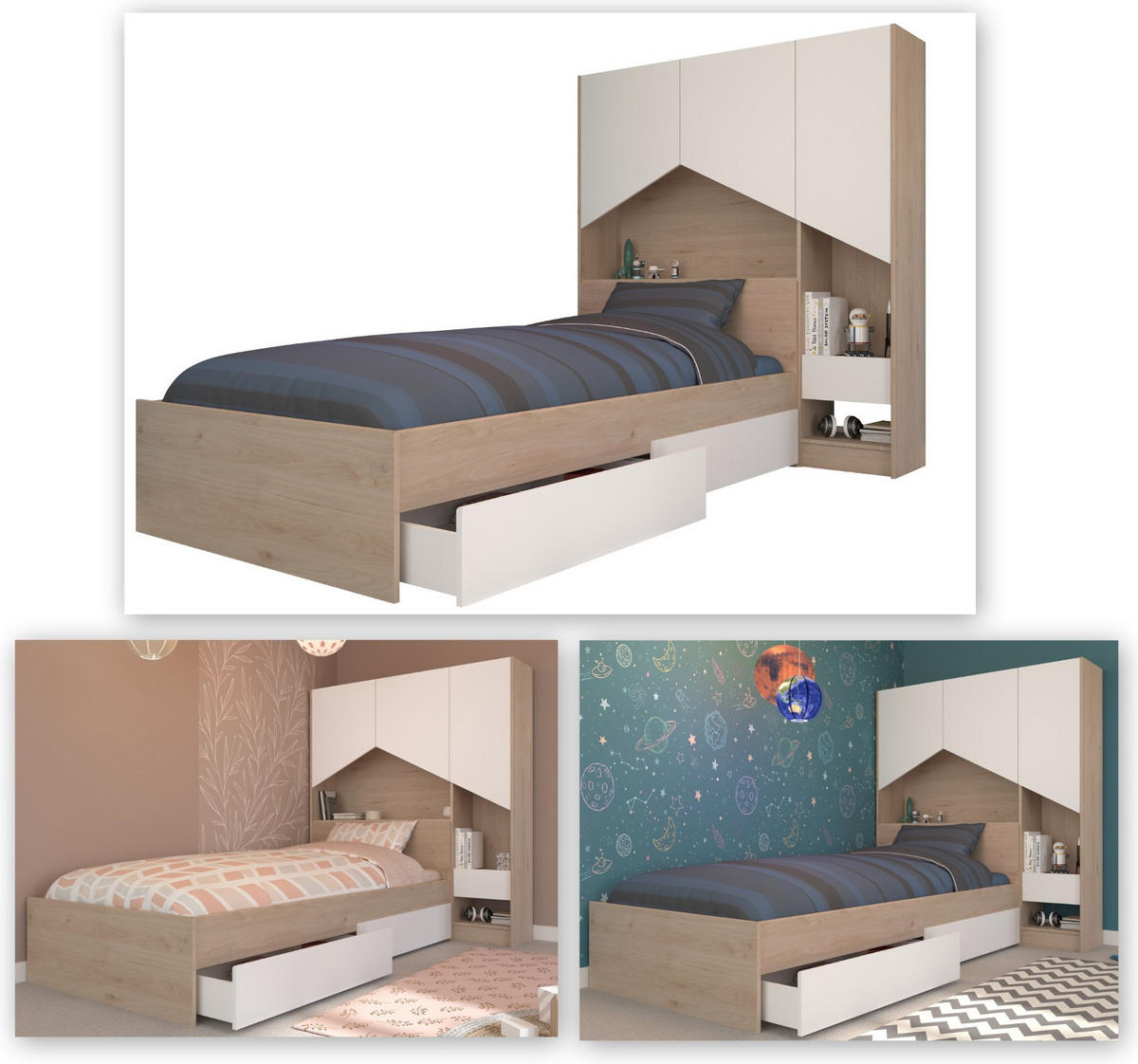 JUGENDBETT 90 x 200, Set mit Stauraumbett und Schrank - Eichefarben/Weiß, Holz/Holzwerkstoff (90/200cm) - Parisot Meuble