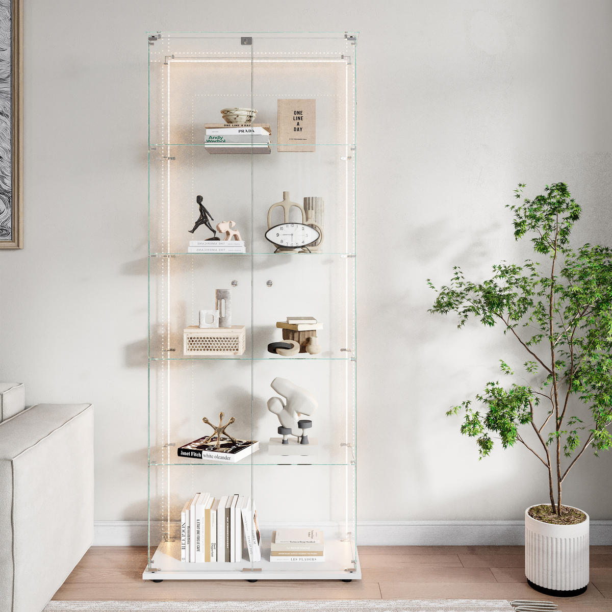 GLASVITRINE mit 5 Einlegeböden, LED-Lichtleiste, Doppeltür mit Sicherheitsschloss, Weiß - Weiß, Glas (36.5/183/80.6cm) - BRILVERDE