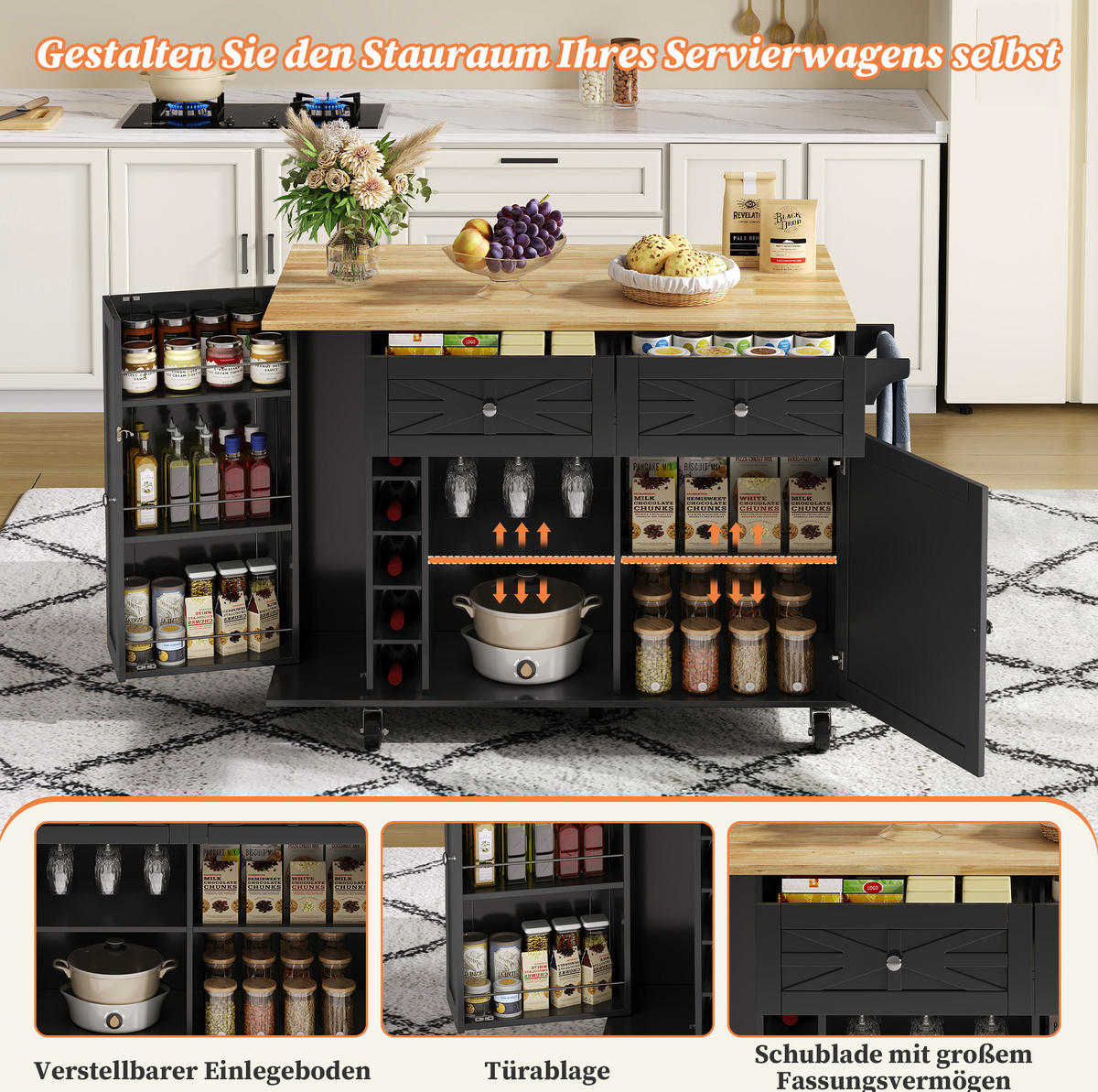 KÜCHENINSEL 120x70x89cm Schwarz mit Klappplatte,Weinregal & Schubladen - Schwarz, Holzwerkstoff (120/89/70cm) - Modfu