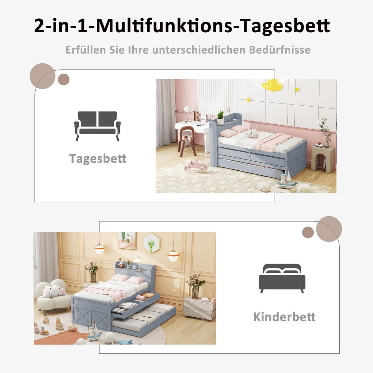 EINZELBETT 90x190 Kiefer Massivholz Schublade USB Grau - Grau, Holzwerkstoff - FLIEKS