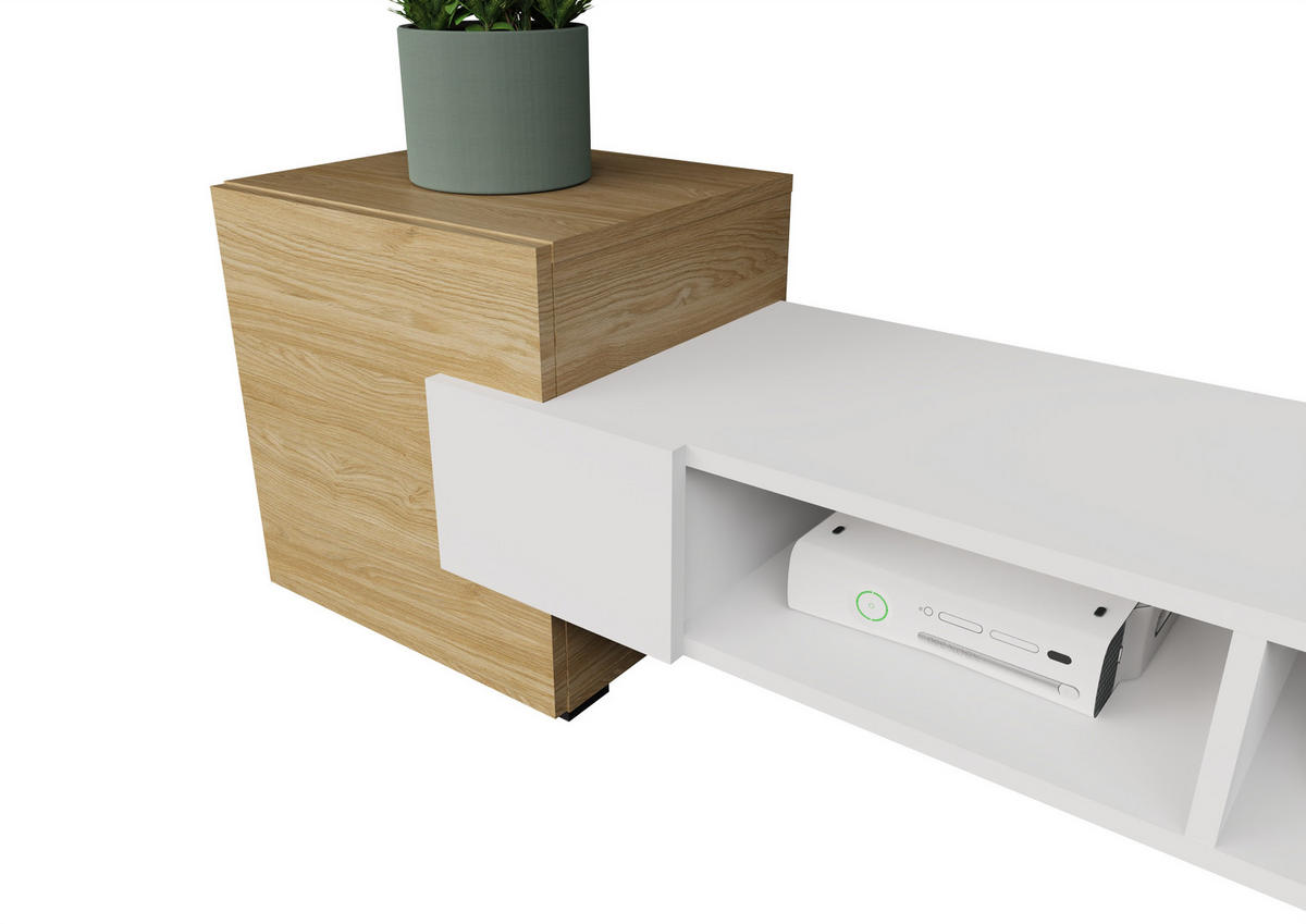 LOWBOARD TV TORINO Hängend + Stehend, Mattes Finish, Arktisches Weiß, Ölbehandelt Eiche - Eichefarben/Weiß, Holzwerkstoff/Kunststoff (181/40/35cm) - Komodee