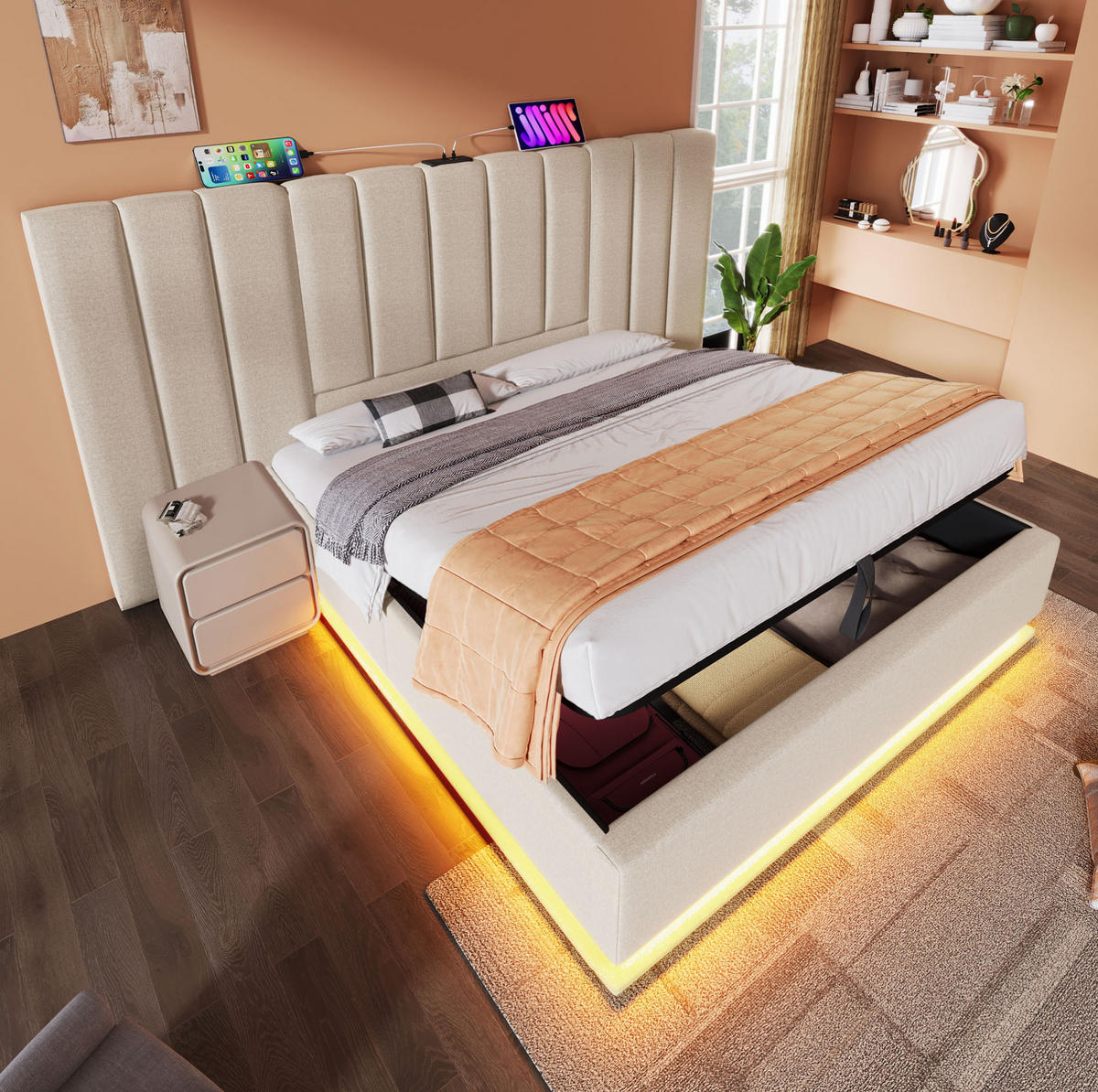 BETT mit Stauraum, LED und Ladefunktion 180x200 cm Leinen Beige - Beige, Metall (180/200cm) - Meubliv