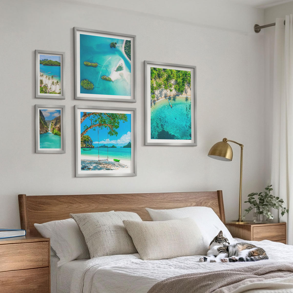 WANDBILDER 5er Set - 50x50 cm & 20x30 cm & 40x60 cm Silberner Rahmen - Strände, Palmen, kristallklares Wasser - Silberfarben, Kunststoff (40/60cm) - ArtPrintCave
