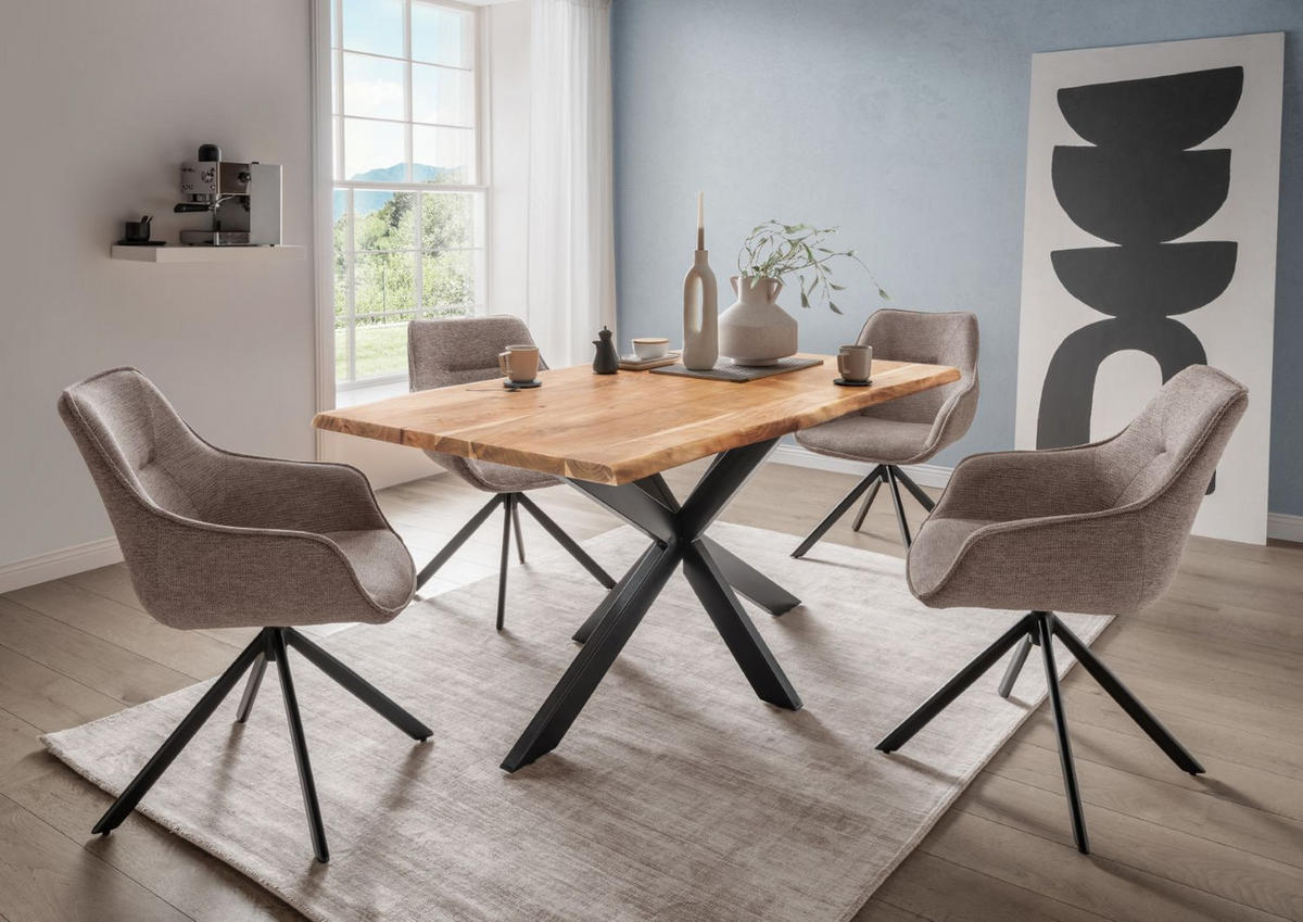 BAUMKANTENTISCH Catania - 160 x 90 cm - Akazienholz - Gestell Kreuz-Form - Schwarz/Braun, Holz/Metall (160/90/76cm) - bene living