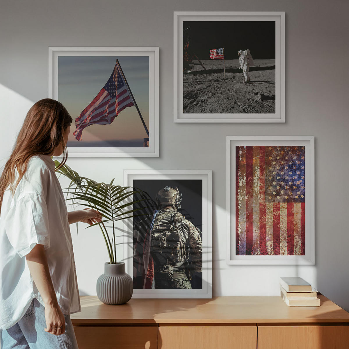 BILDER SET 4er Set - 50x50 cm & 40x60 cm Weißer Rahmen - Amerikanische Symbole, USA-Flagge - Weiß, Kunststoff (50/50cm) - TULUP