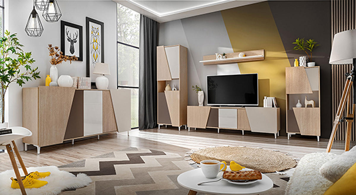 WOHNZIMMER SET Viste braun / weiß hochglanz 240cm / 40 cm / 189cm - Ecru/Weiß Hochglanz, Holz/Holzwerkstoff (240/189/40cm) - Furnival