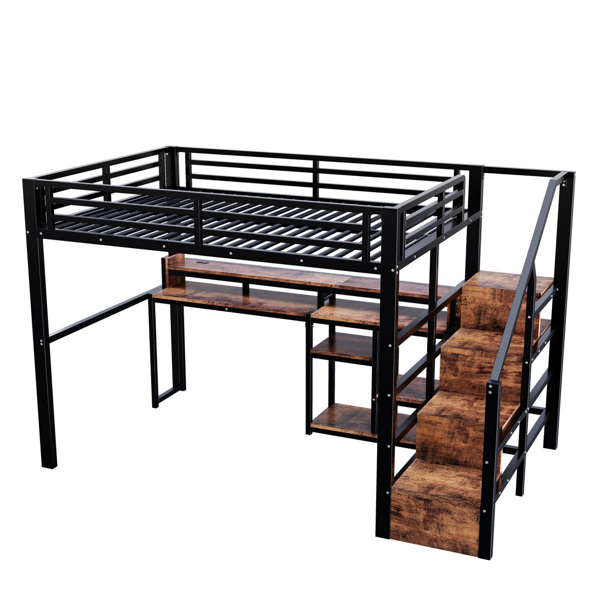 HOCHBETT Metall & MDF 140x200 cm Schwarz mit Leiterschrank, Ablagefach, LED-Lichtleiste & USB/Typ-C - Schwarz, Holzwerkstoff (140/200cm) - Modfu
