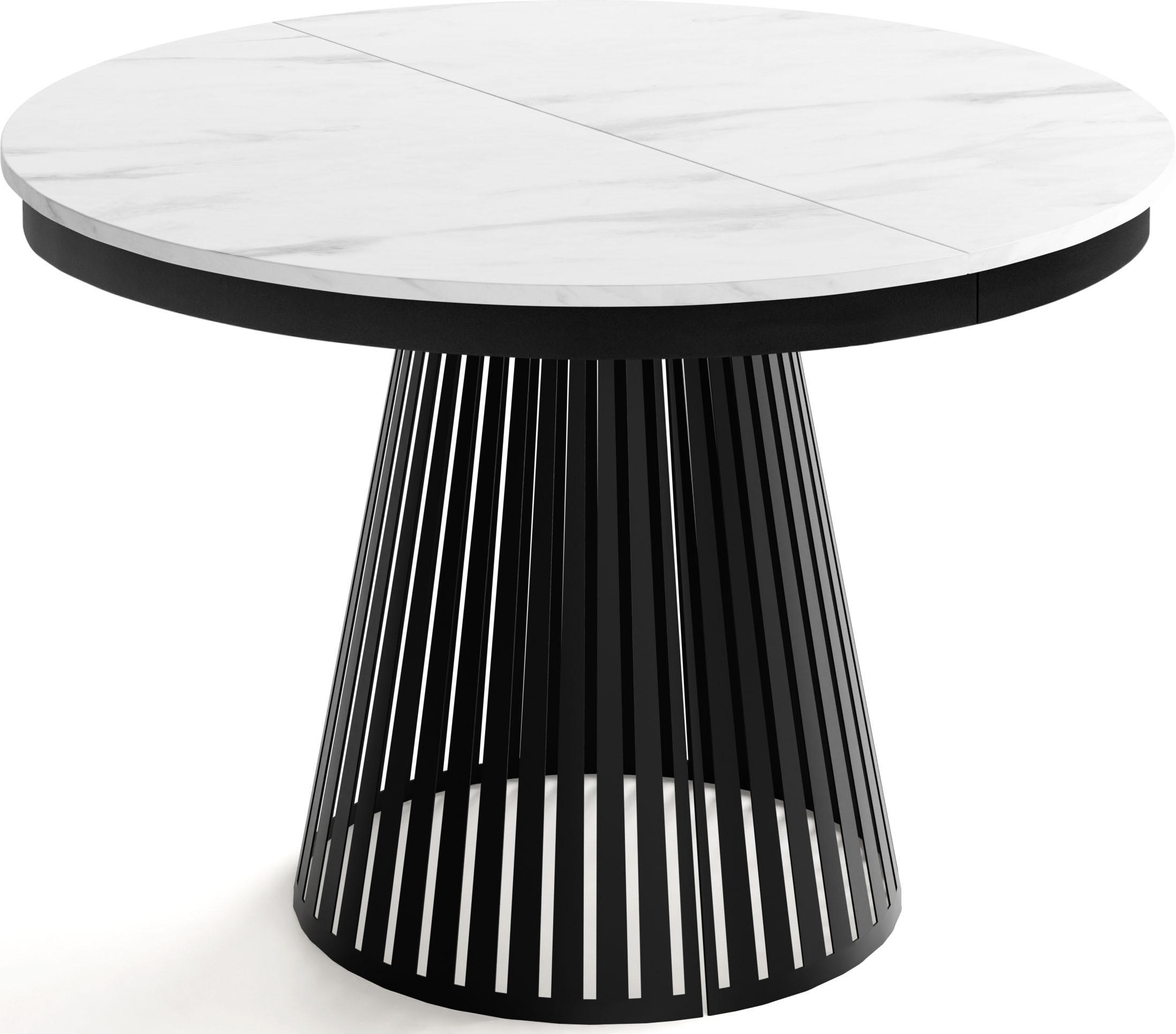 ESSTISCH Naro rund ausziehbar mit Schwarzem Lamellen-Metallgestell, Marmor Weiß 120-200/120/76 cm - Ecru/Schwarz, Holzwerkstoff/Metall (120/120/76cm) - WFL GROUP