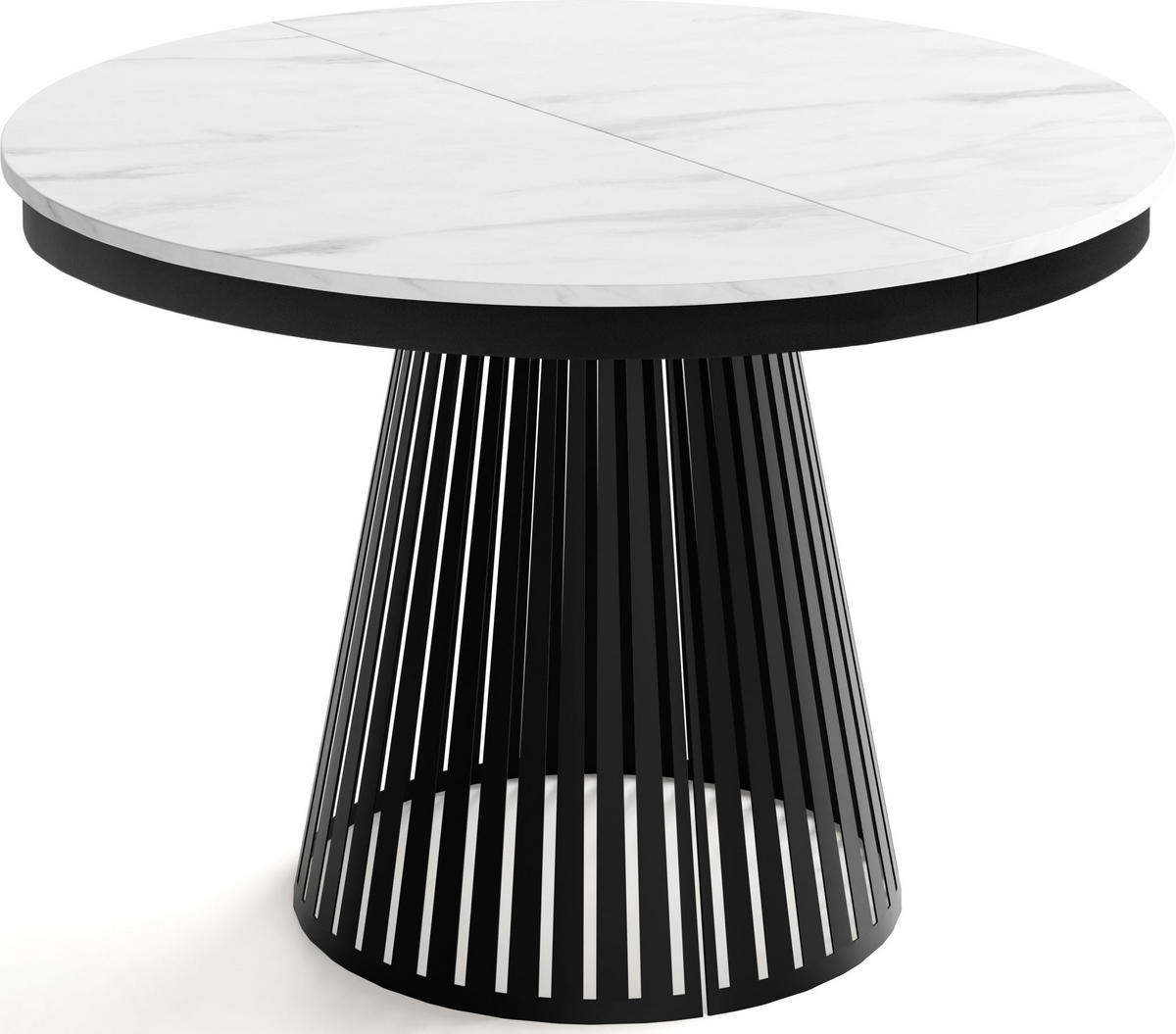 ESSTISCH Naro rund ausziehbar mit Schwarzem Lamellen-Metallgestell, Marmor Weiß 100-180/100/76 cm - Ecru/Schwarz, Holzwerkstoff/Metall (100/100/76cm) - WFL GROUP