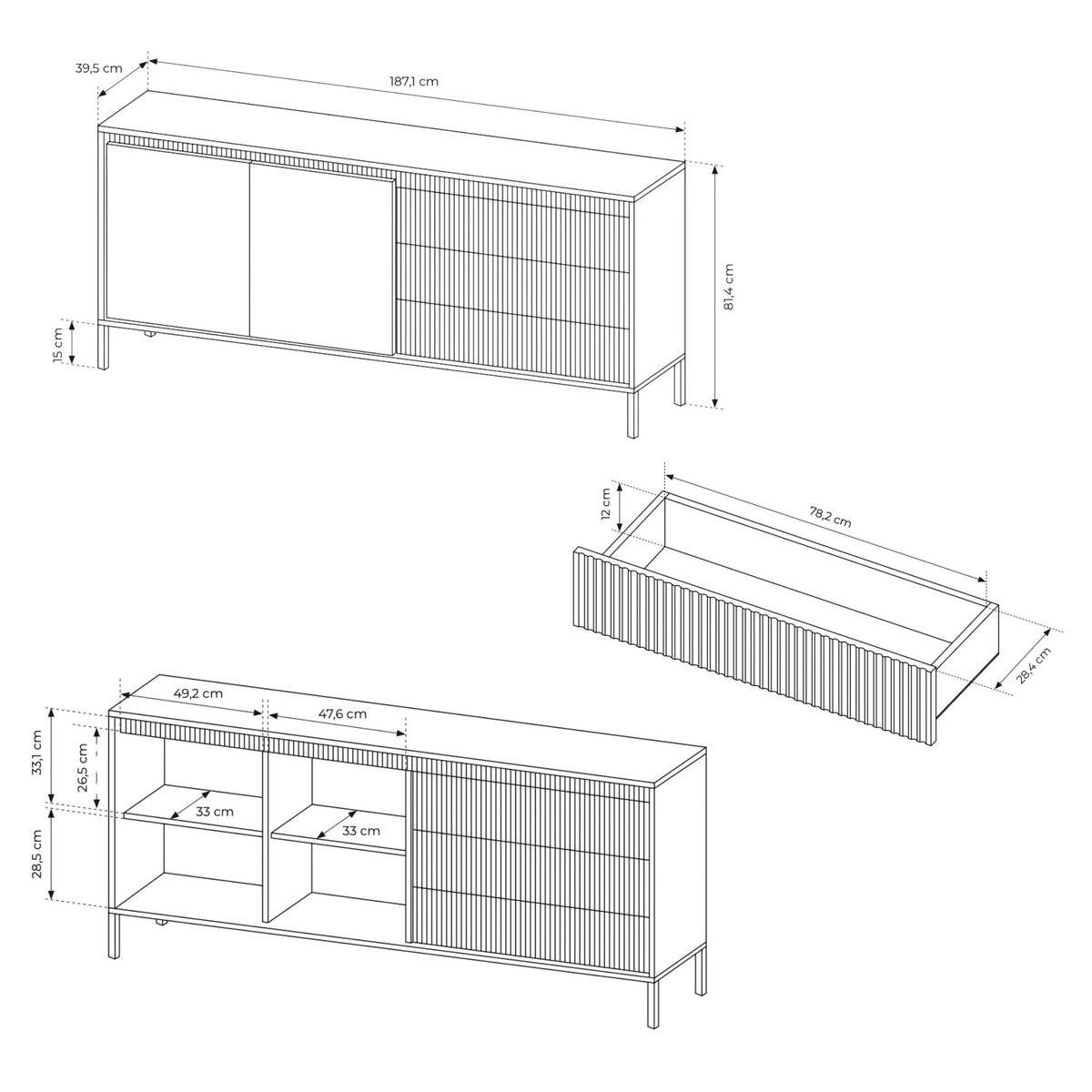 KOMMODE: 3 Schubladen, 2 Türen, Schwarz, 187,1 x 39,5 x 81,4 cm - Schwarz, Holzwerkstoff/Metall (187.1/81.4/39.5cm) - 3XE LIVING