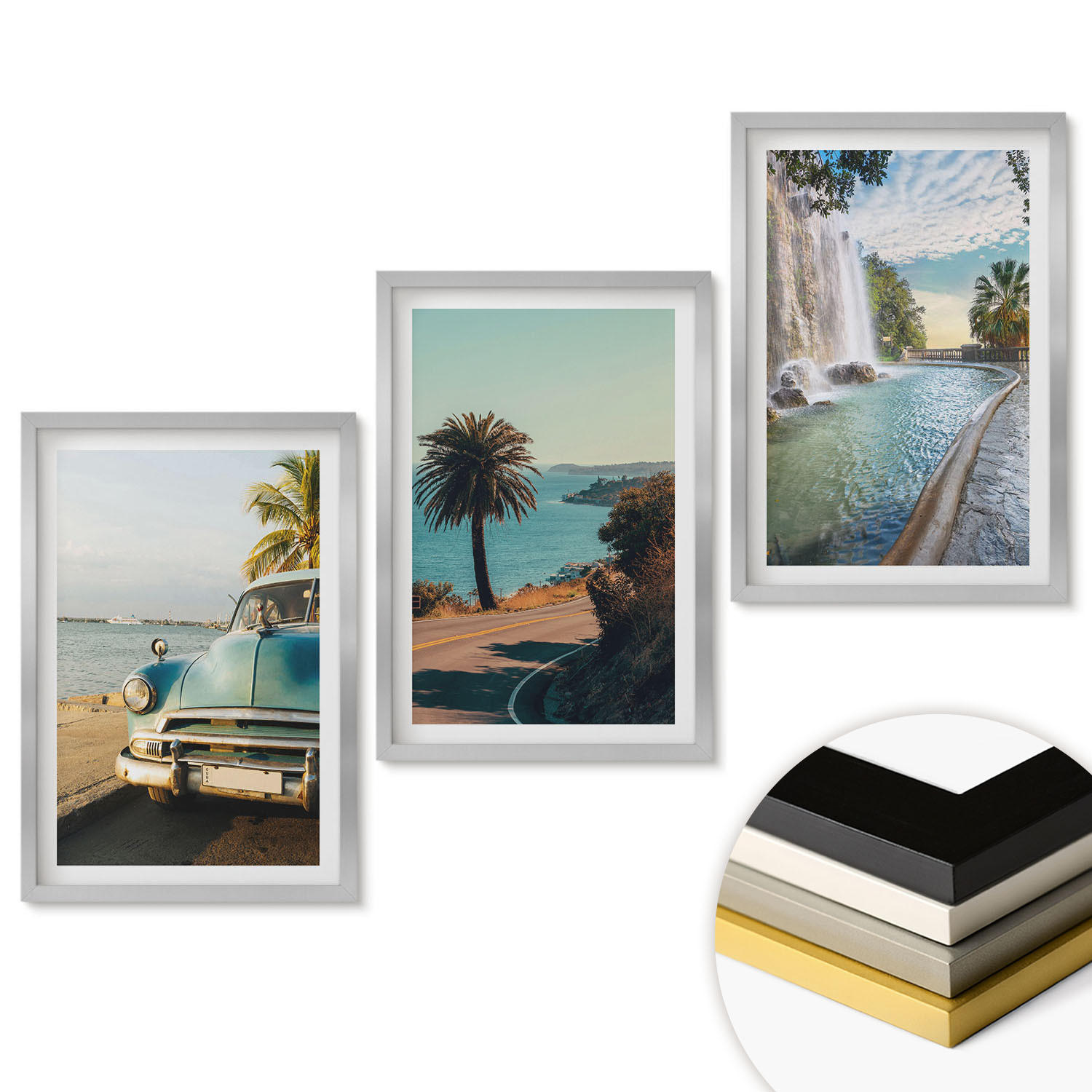 WANDBILDER 3er Set - 40x60 cm Silberner Rahmen - Urlaub Palmen Wasserfall - Silberfarben, Kunststoff (40/60cm) - ArtPrintCave