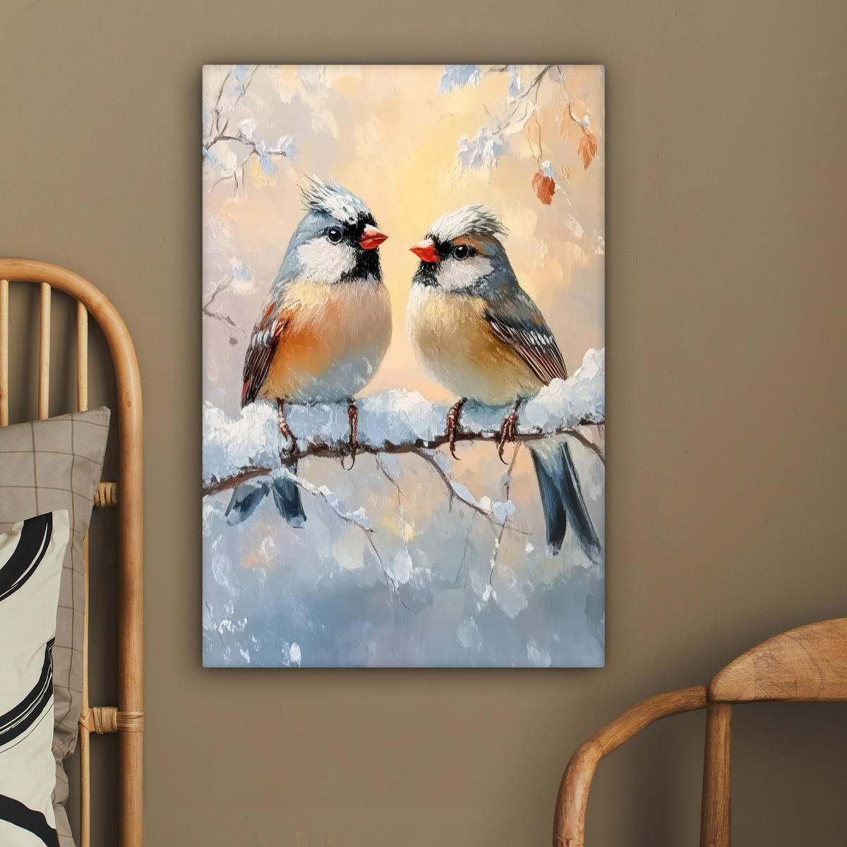 LEINWANDBILD Vögel - Zweig - Winter - Schnee 60x90 cm - Pastellblau, Textil (60/90cm) - MuchoWow