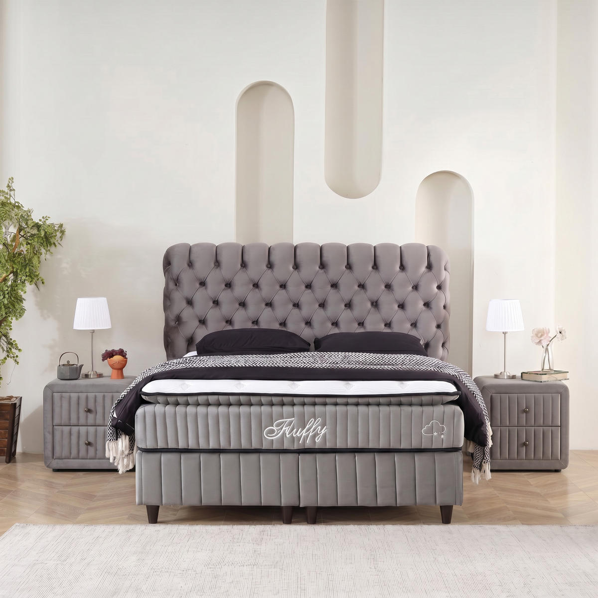 BOXBETT Fluffy Set Nature Boxspringbett 180x200 mit Matratze inkl. Lieferung - Anthrazit, Holz (180/200cm) - Gowoll