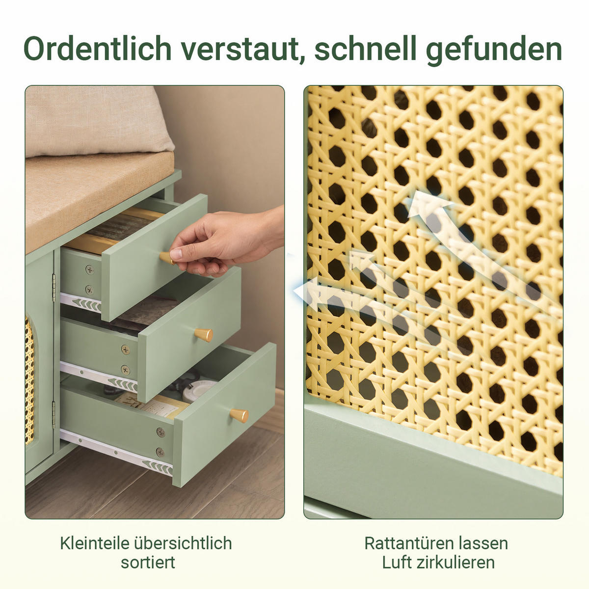 SCHUHBANK Grün, 100 cm breit, Rattangeflecht-Türen, Leinen-Sitzpolster, 2 Türen & 3 Schubladen, bis 150 kg, für Flur & Diele - Grün, Holzwerkstoff (100/46/34cm) - SoBuy