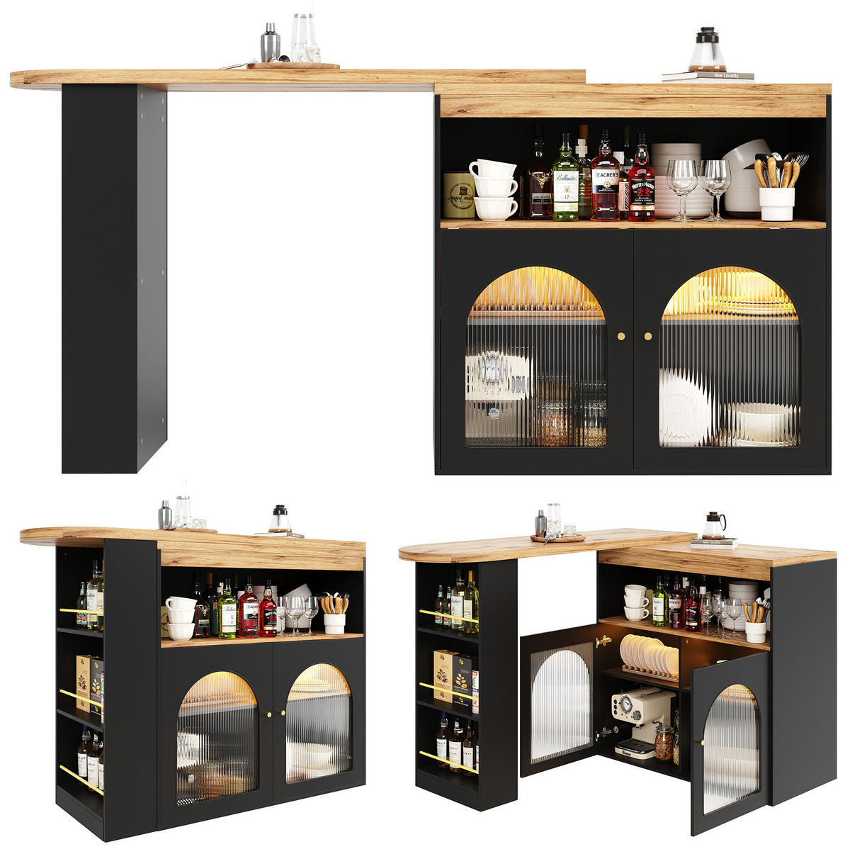 BARTISCH aus MDF 138-193x39x105 cm Schwarz drehbar mit Stauraum, Glasfront und LED-Lichtleiste - Schwarz, Holzwerkstoff (39/193/105cm) - Modfu