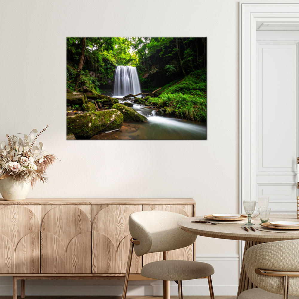 LEINWANDBILD Landschaft Wasserfall Bäume Natur 90x60cm - Grün, Textil (90/60cm) - Feeby