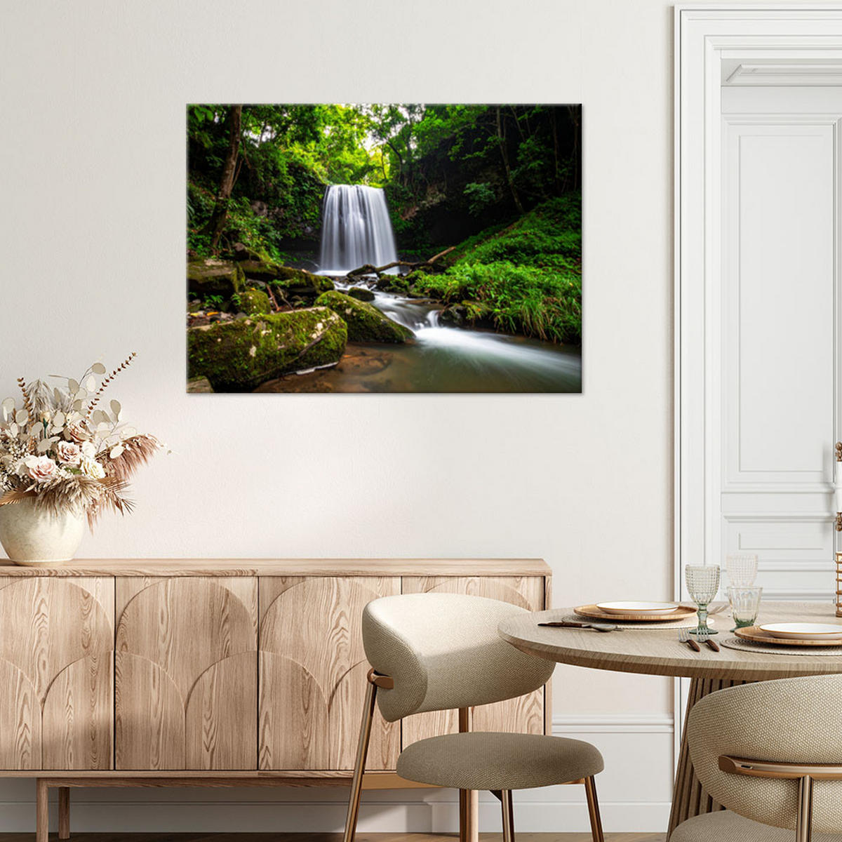 LEINWANDBILD Landschaft Wasserfall Bäume Natur 90x60cm - Grün, Textil (90/60cm) - Feeby