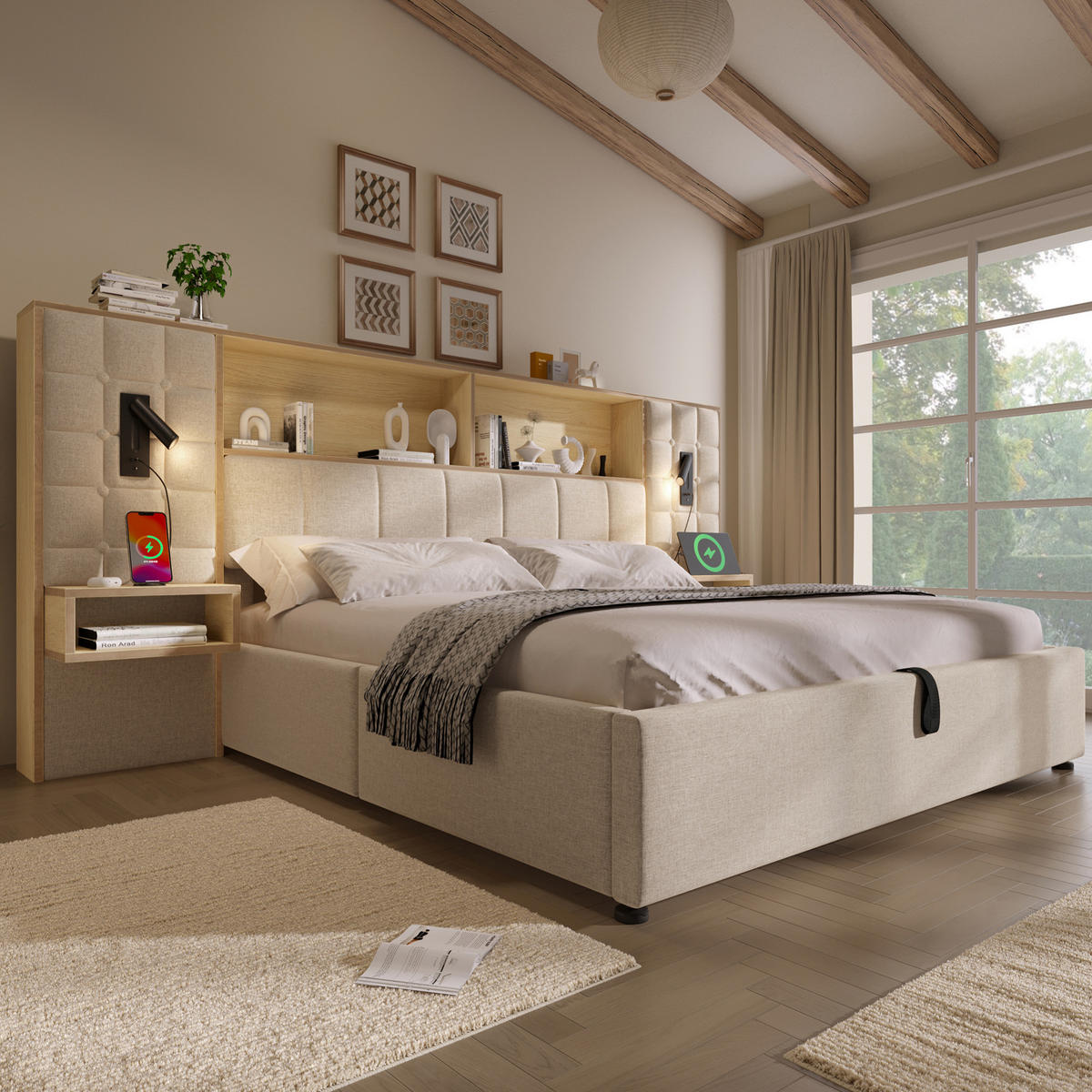 BETT mit Stauraum 160x200 cm Leinen Beige mit Nachttischen - Beige, Metall (160/200cm) - Meubliv