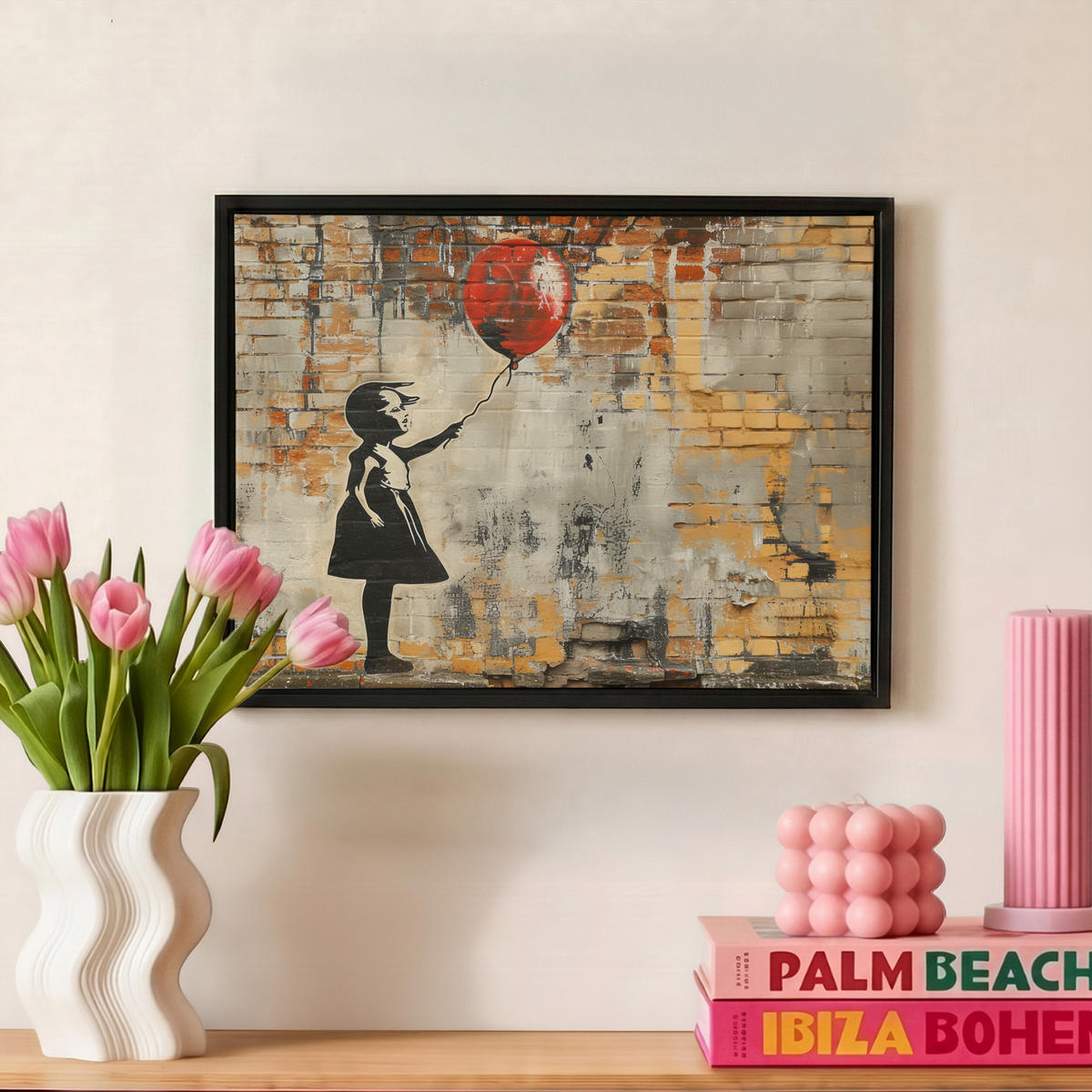 LEINWAND Bilder mit Rahmen - Graffiti - Banksy - Mädchen - Straßenkunst - 40x30 - Sandfarben, Textil (40/30cm) - MuchoWow
