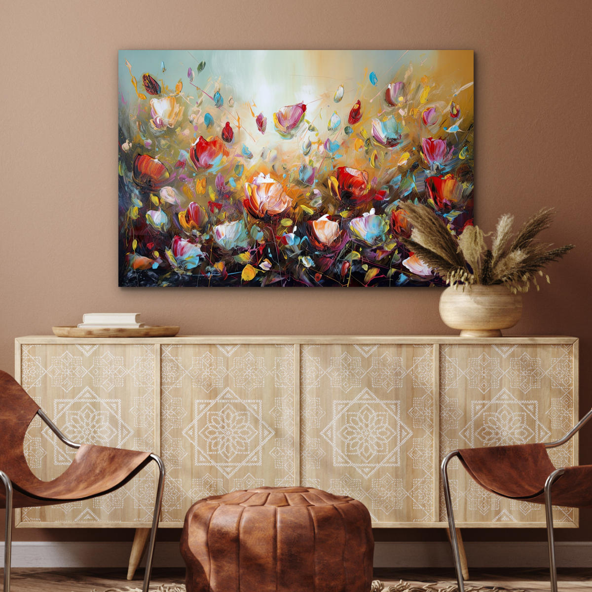 METALLBILD Blumen - Kunst - Natur - Ölgemälde 120x80 cm - Multicolor, Metall (120/80cm) - MuchoWow