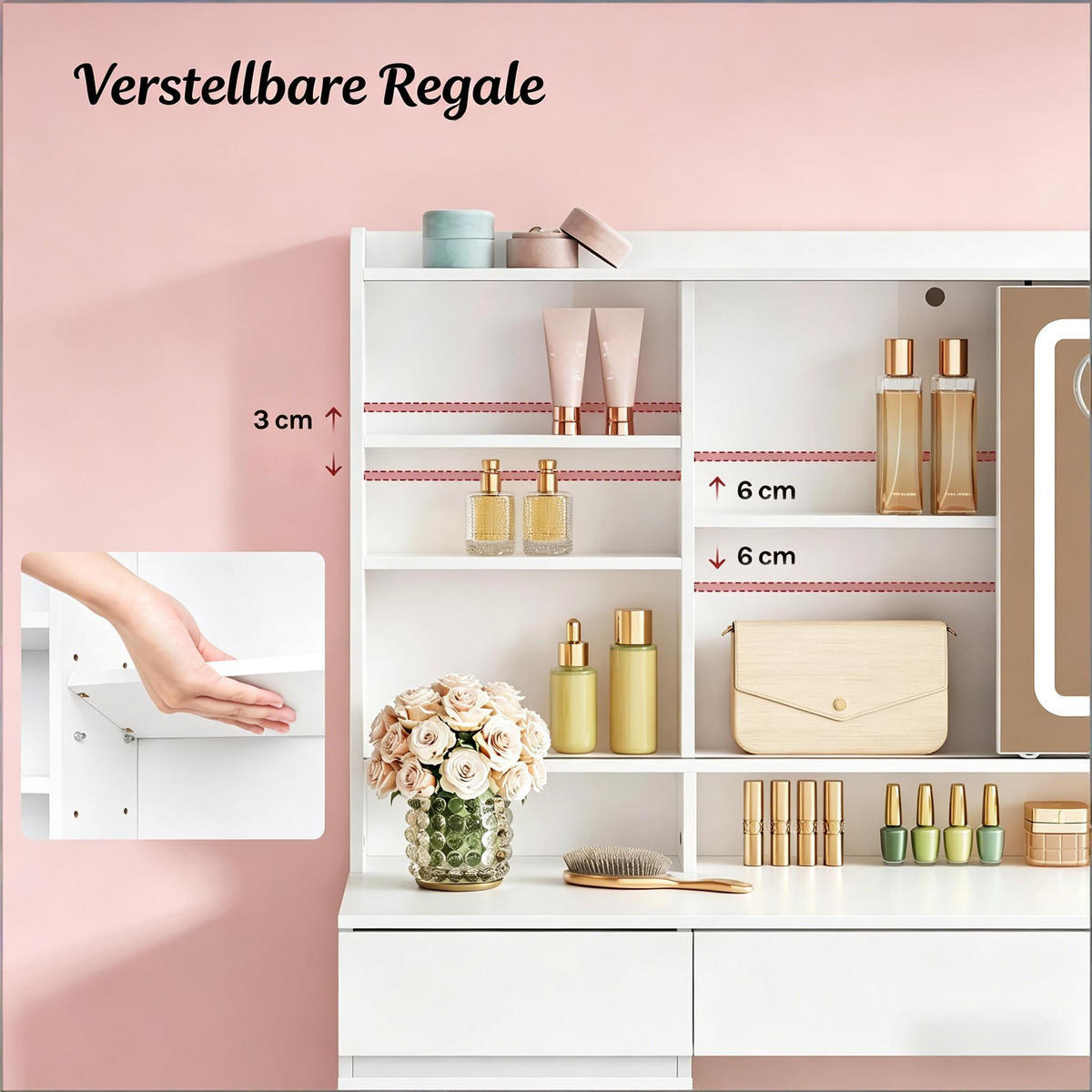 SCHMINKTISCH,MIT vielseitigem Speicherplatz,134.5*80*40 cm - Weiß, Glas (110/140/40cm) - Vallsero