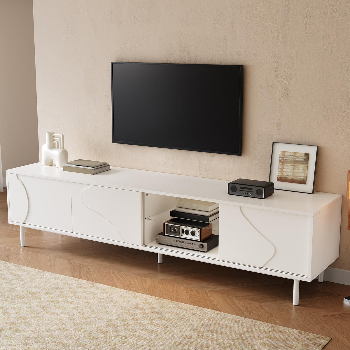 TV-ELEMENT Weiß mit Schiebetüren, Glasböden und App-LED-Beleuchtung - Weiß, Holzwerkstoff (40/45/180cm) - Korfee
