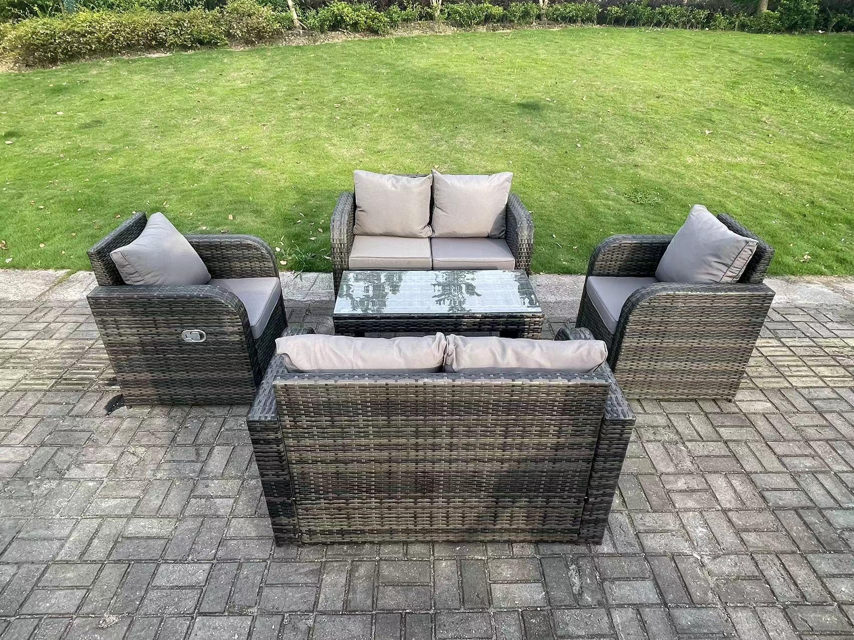 GARTEN-SOFA SET MIT COUCHTISCH LOUNGE LOVESEAT Polyrattan Patio 6-Sitzer - Dunkelgrau/Grau, Glas/Kunststoff - Fimous