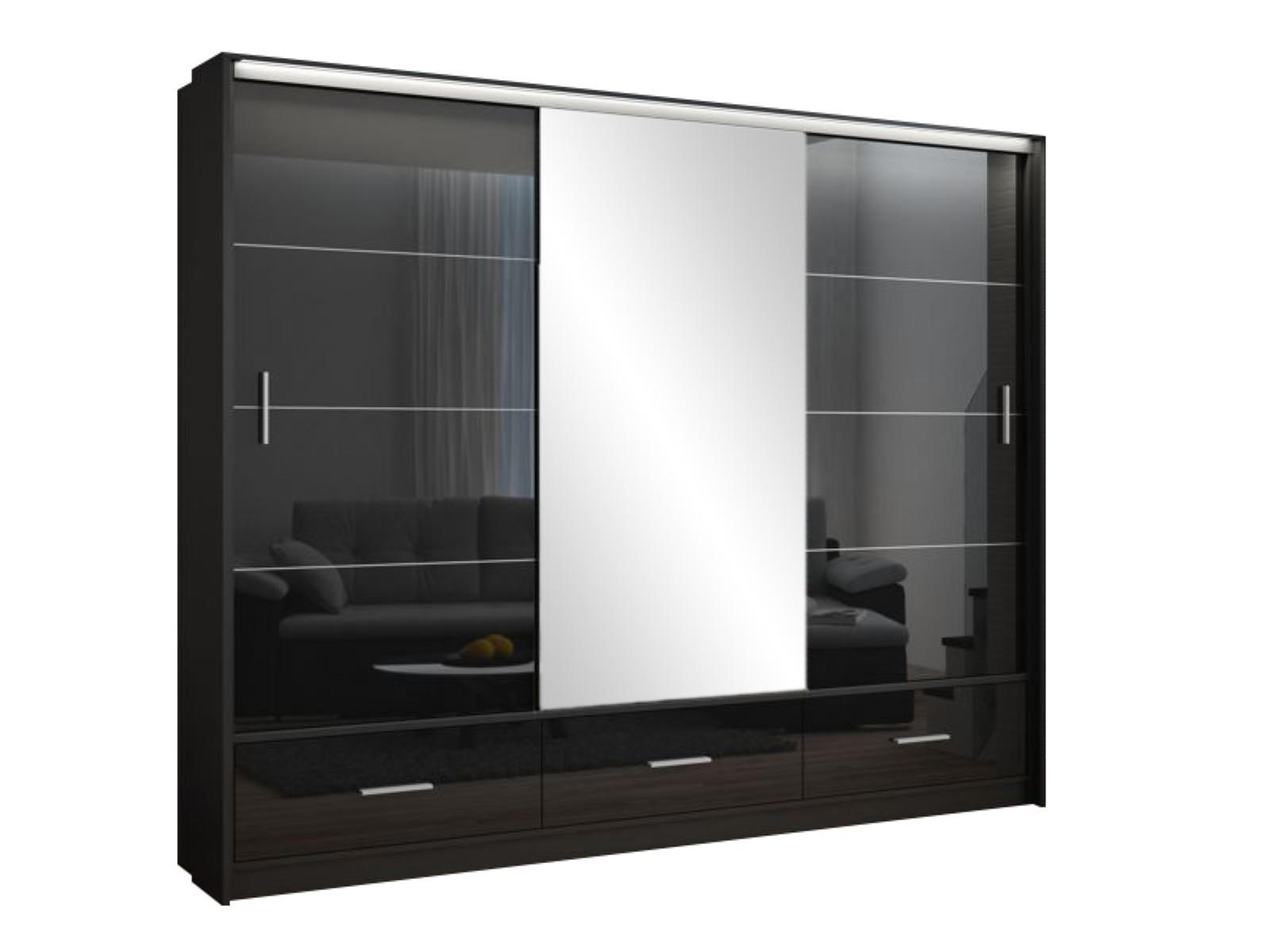 SCHWEBETÜRENSCHRANK SENNA 255/222/61 cm 3-türig mit Spiegel Schwarz - Schwarz, Holzwerkstoff (255/222/61cm) - MASSENO