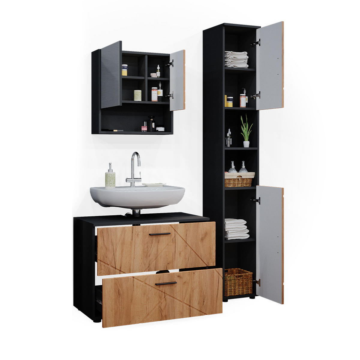 BADMÖBEL-SET Irma Goldkraft Eiche/Anthrazit 3 Teile, mit Schubladenschrank und Hochschrank - Honigeiche/Anthrazit, Holzwerkstoff (80/58.6/41cm) - Vicco